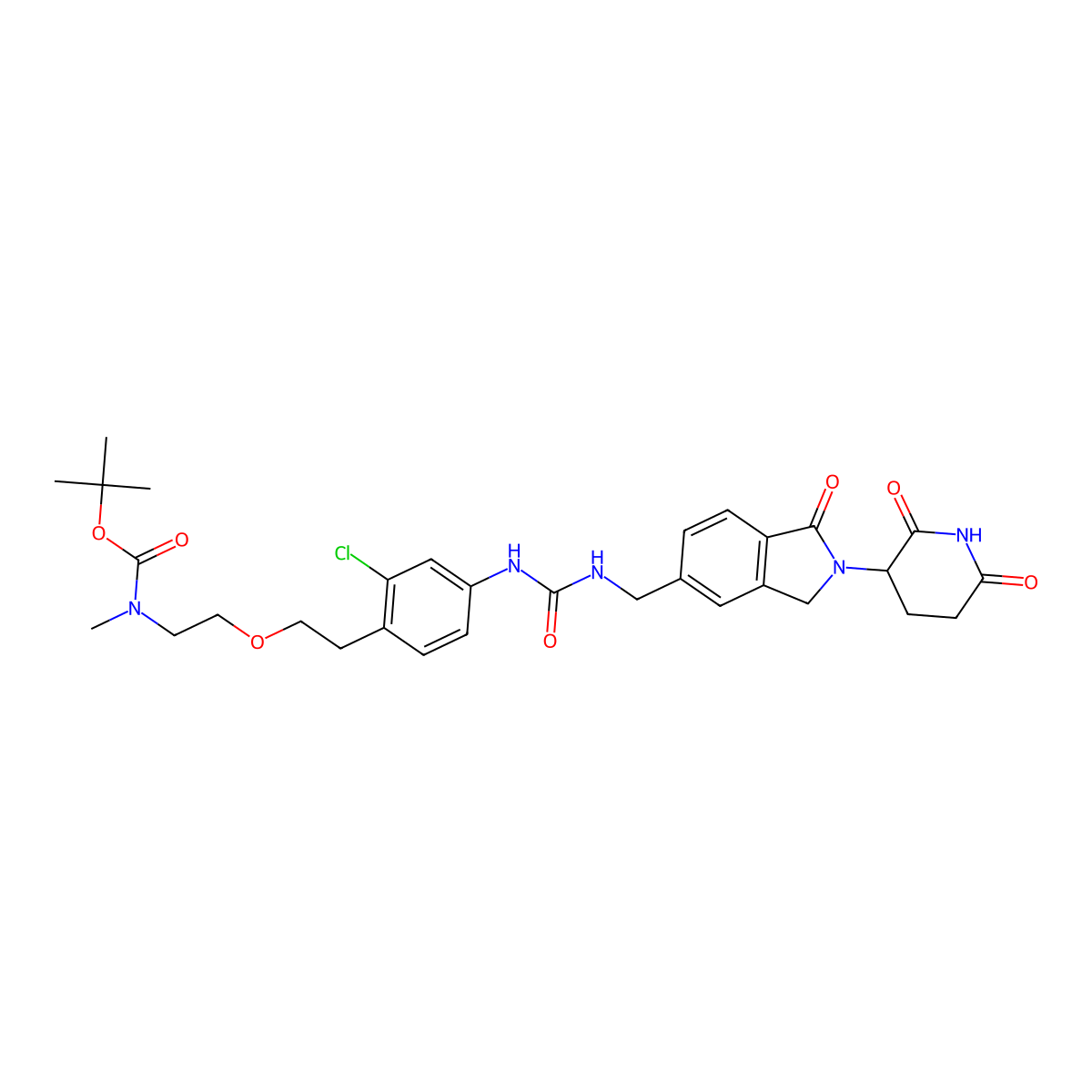 Tert-butyl (2-(2-chloro-4-(3-((2-(2,6-dioxopiperidin-3-YL)-1-oxoisoindolin-5-YL)methyl)ureido)phenethoxy)ethyl)(methyl)carbamate molecular structure, CAS 2722698-02-2