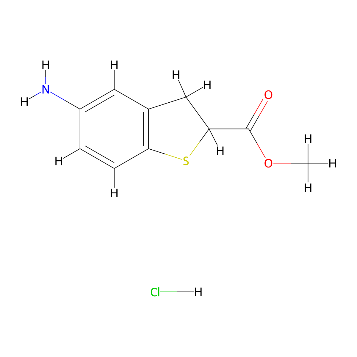 Methyl 5-amino-2,3-dihydro-1-benzothiophene-2-carboxylate hydrochloride molecular structure, CAS 2723710-25-4