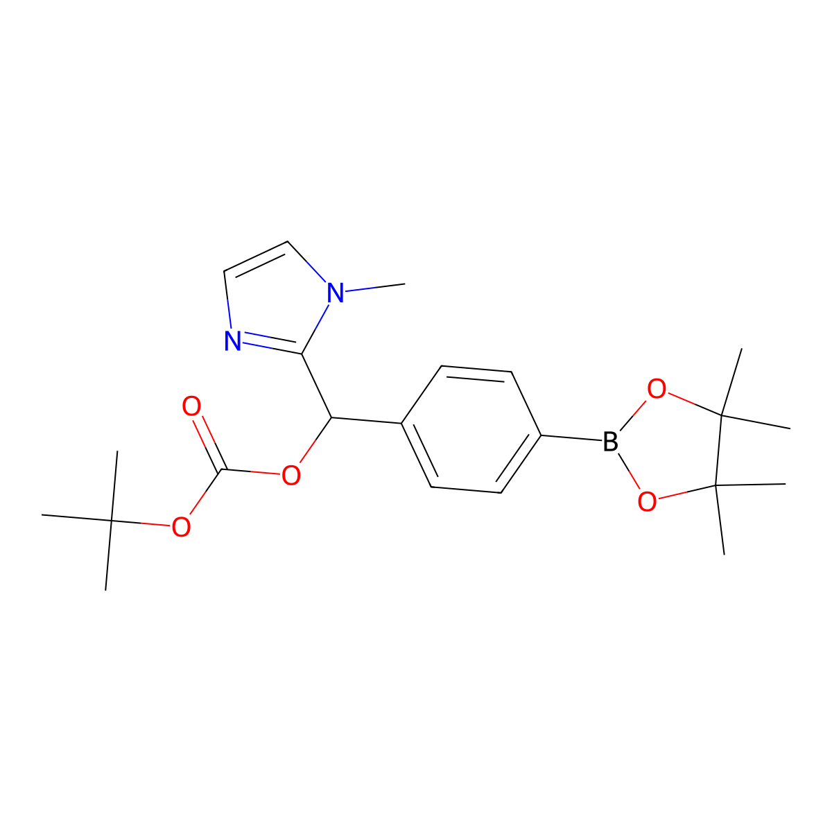 Carbonic acid tert-butyl ester (1-methyl-1H-imidazol-2-yl)-[4-(4,4,5,5-tetramethyl-[1,3,2]dioxaborolan-2-yl)-phenyl]-methyl ester molecular structure, CAS 2724208-11-9