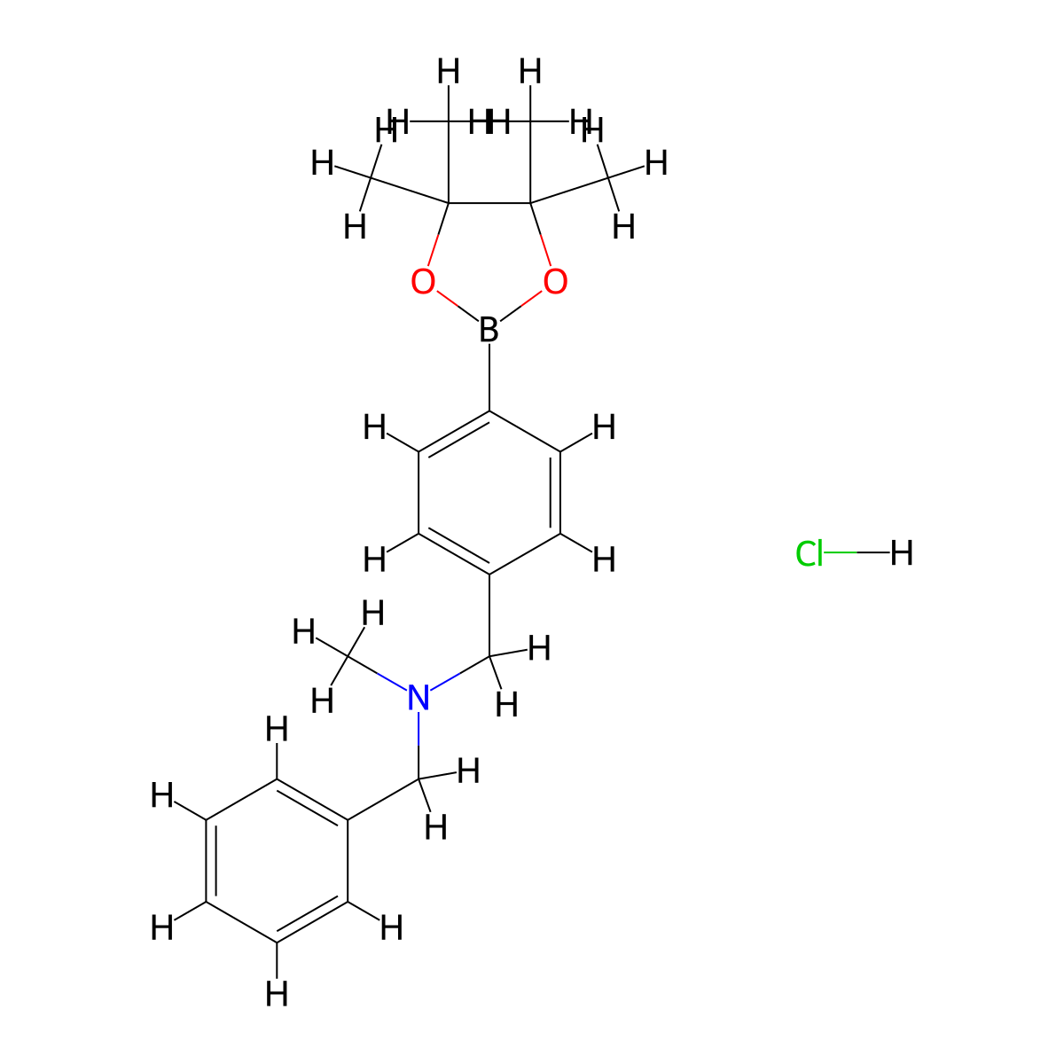 N-Benzyl-N-methyl-1-(4-(4,4,5,5-tetramethyl-1,3,2-dioxaborolan-2-yl)phenyl)methanamine hydrochloride molecular structure, CAS 2724208-23-3