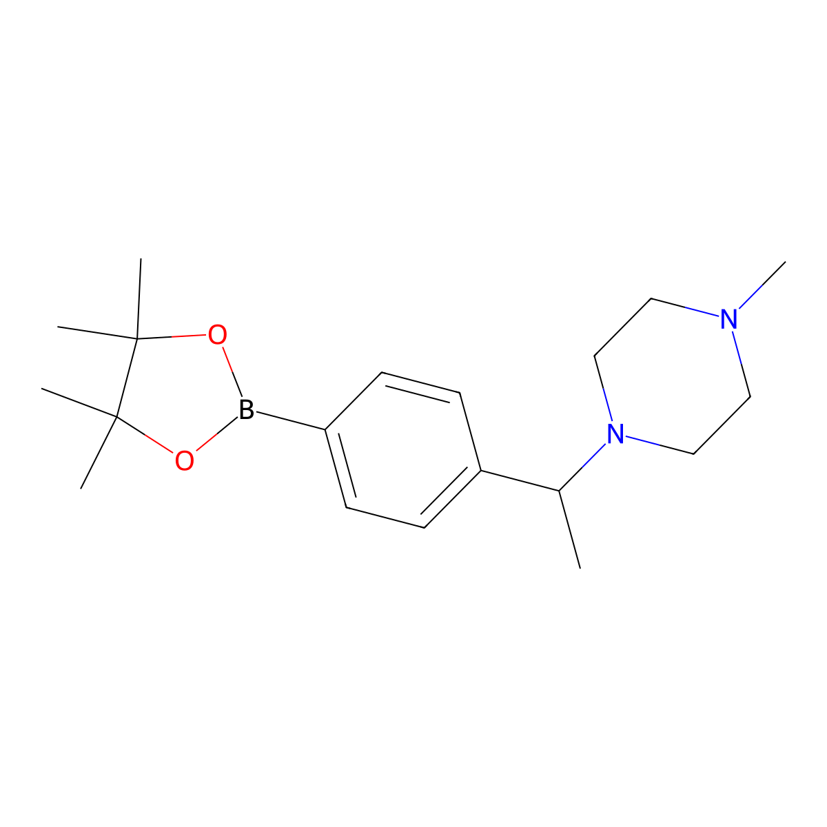 1-Methyl-4-(1-(4-(4,4,5,5-tetramethyl-1,3,2-dioxaborolan-2-yl)phenyl)ethyl)piperazine molecular structure, CAS 2724208-27-7