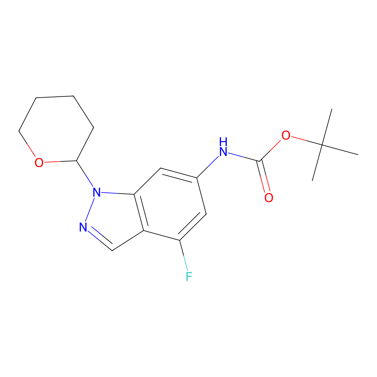 Tert-butyl N-(4-fluoro-1-tetrahydropyran-2-YL-indazol-6-YL)carbamate molecular structure, CAS 2725790-88-3