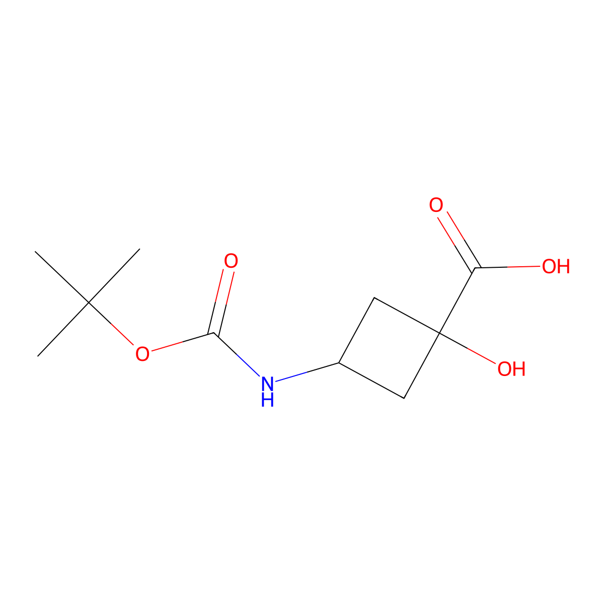 3-(((1,1-Dimethylethoxy)carbonyl)amino)-1-hydroxycyclobutanecarboxylic acid molecular structure, CAS 2725791-22-8
