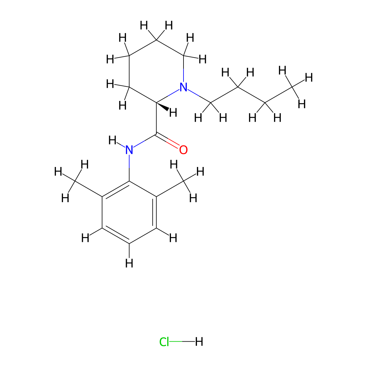 2-Piperidinecarboxamide, 1-butyl-N-(2,6-dimethylphenyl)-, hydrochloride (1:1), (2S)- molecular structure, CAS 27262-48-2