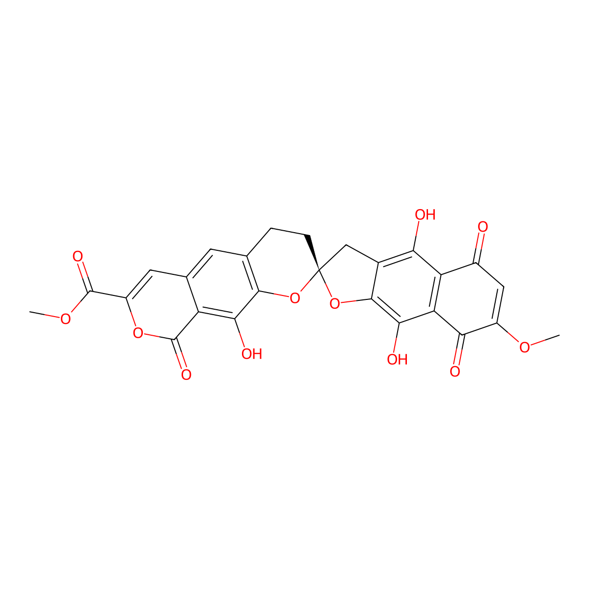 Methyl (2S)-4,5',8',9-tetrahydro-4',9',10-trihydroxy-7'-methoxy-5',8',9-trioxospiro(benzo(1,2-b:5,4-c')dipyran-2(3H),2'(3'H)-naphtho(2,3-b)furan)-7-carboxylate molecular structure, CAS 27267-71-6