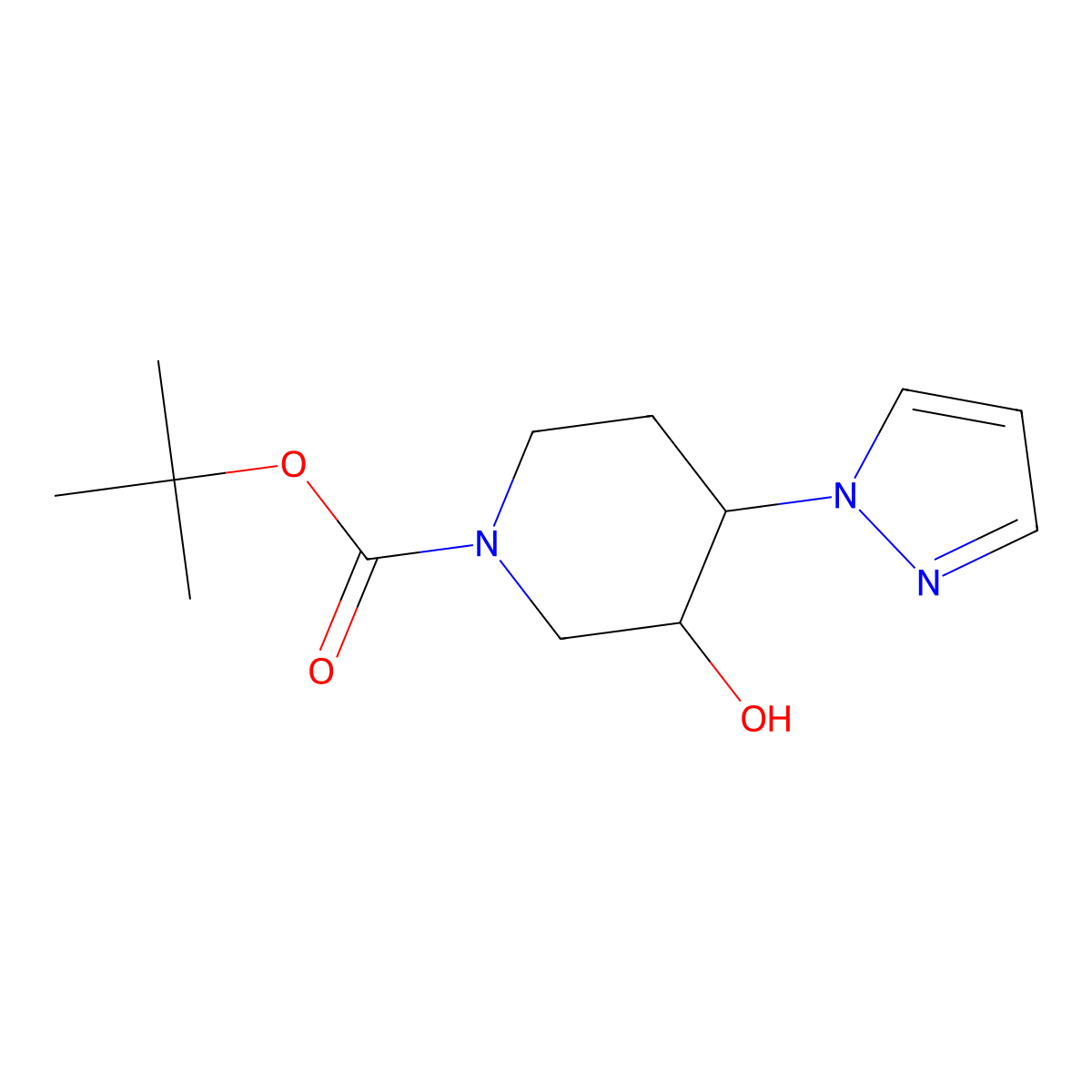 rac-tert-butyl(3R,4R)-3-hydroxy-4-(1H-pyrazol-1-yl)piperidine-1-carboxylate molecular structure, CAS 2728266-77-9