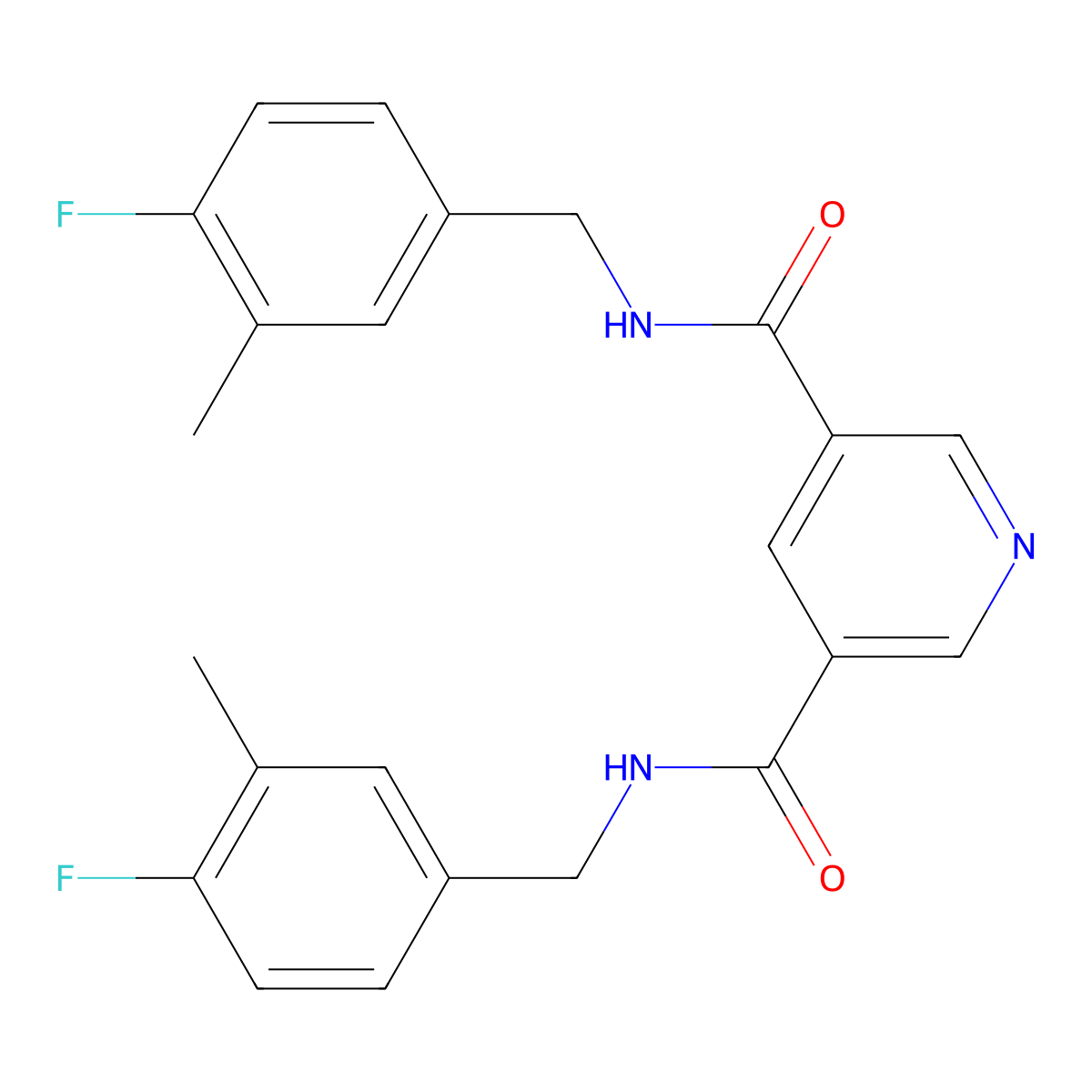 3-N,5-N-bis[(4-fluoro-3-methylphenyl)methyl]pyridine-3,5-dicarboxamide molecular structure, CAS 2728373-94-0