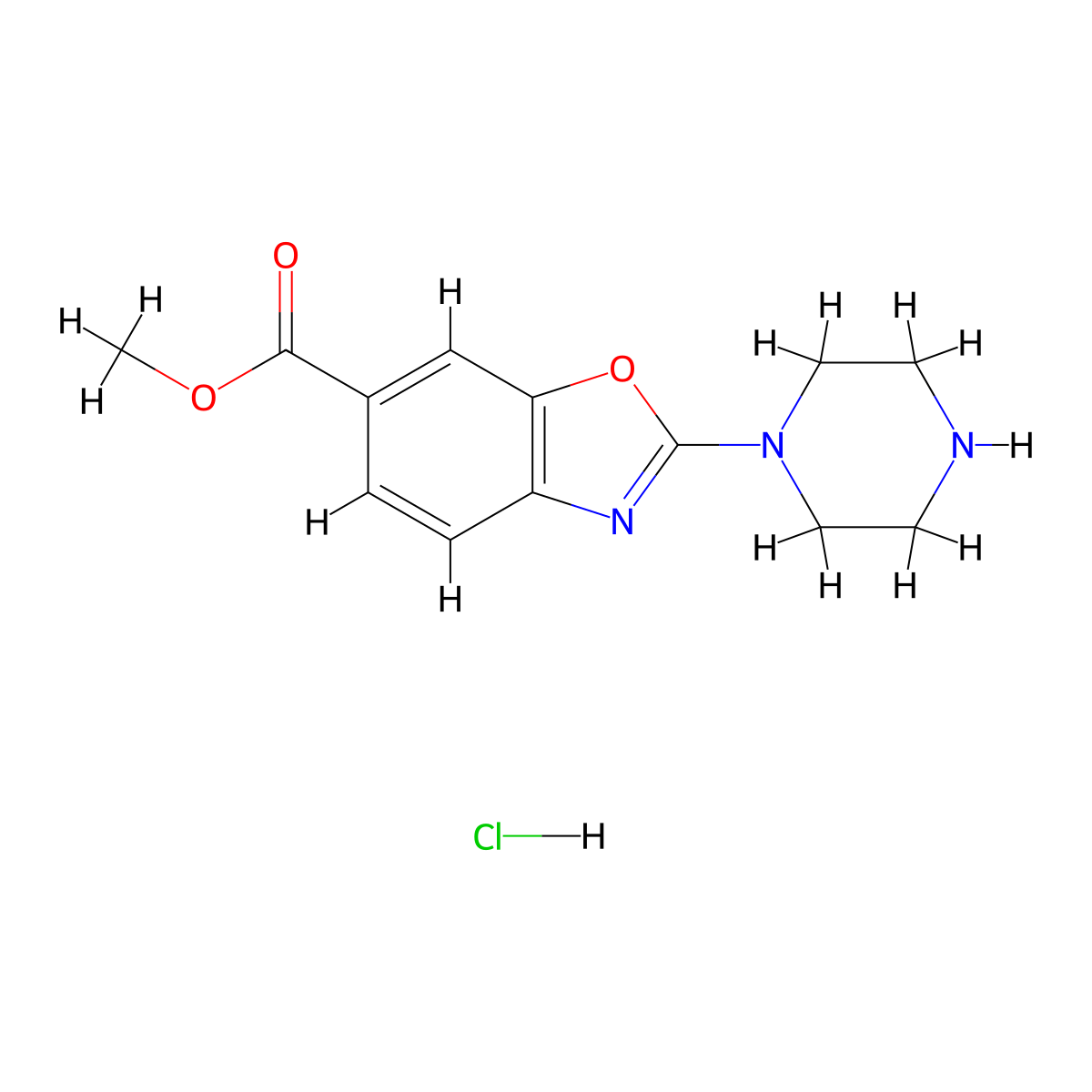 Methyl2-(piperazin-1-yl)-1,3-benzoxazole-6-carboxylatehydrochloride molecular structure, CAS 2728445-12-1