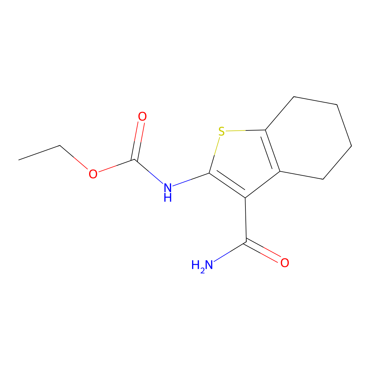 Ethyl N-[3-(aminocarbonyl)-4,5,6,7-tetrahydrobenzo[b]thien-2-yl]carbamate molecular structure, CAS 27285-10-5