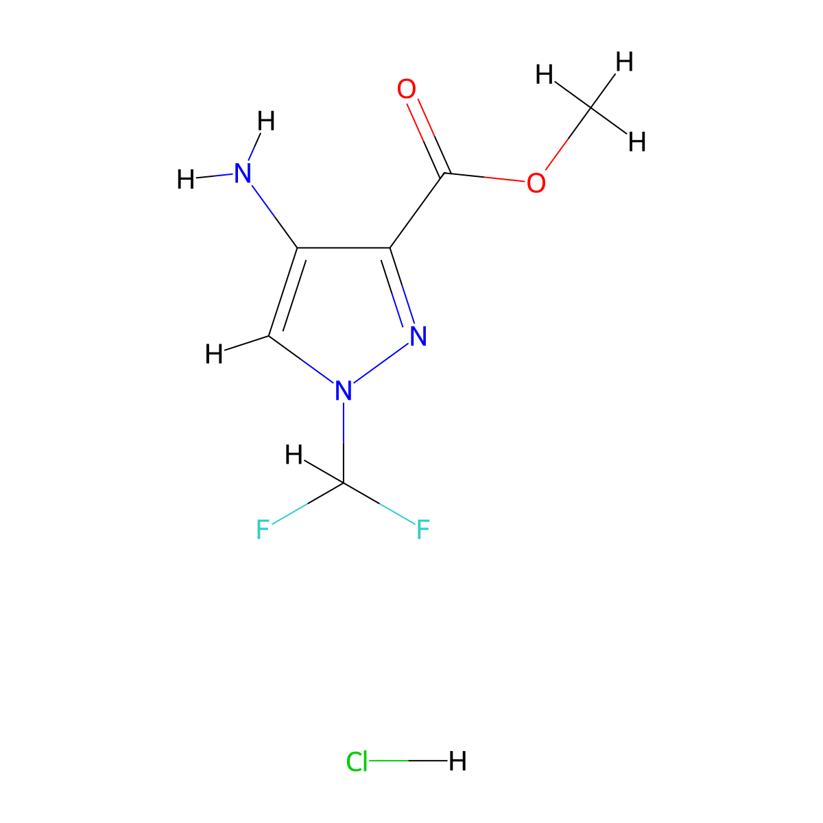 methyl 4-amino-1-(difluoromethyl)-1H-pyrazole-3-carboxylate hydrochloride molecular structure, CAS 2728513-09-3