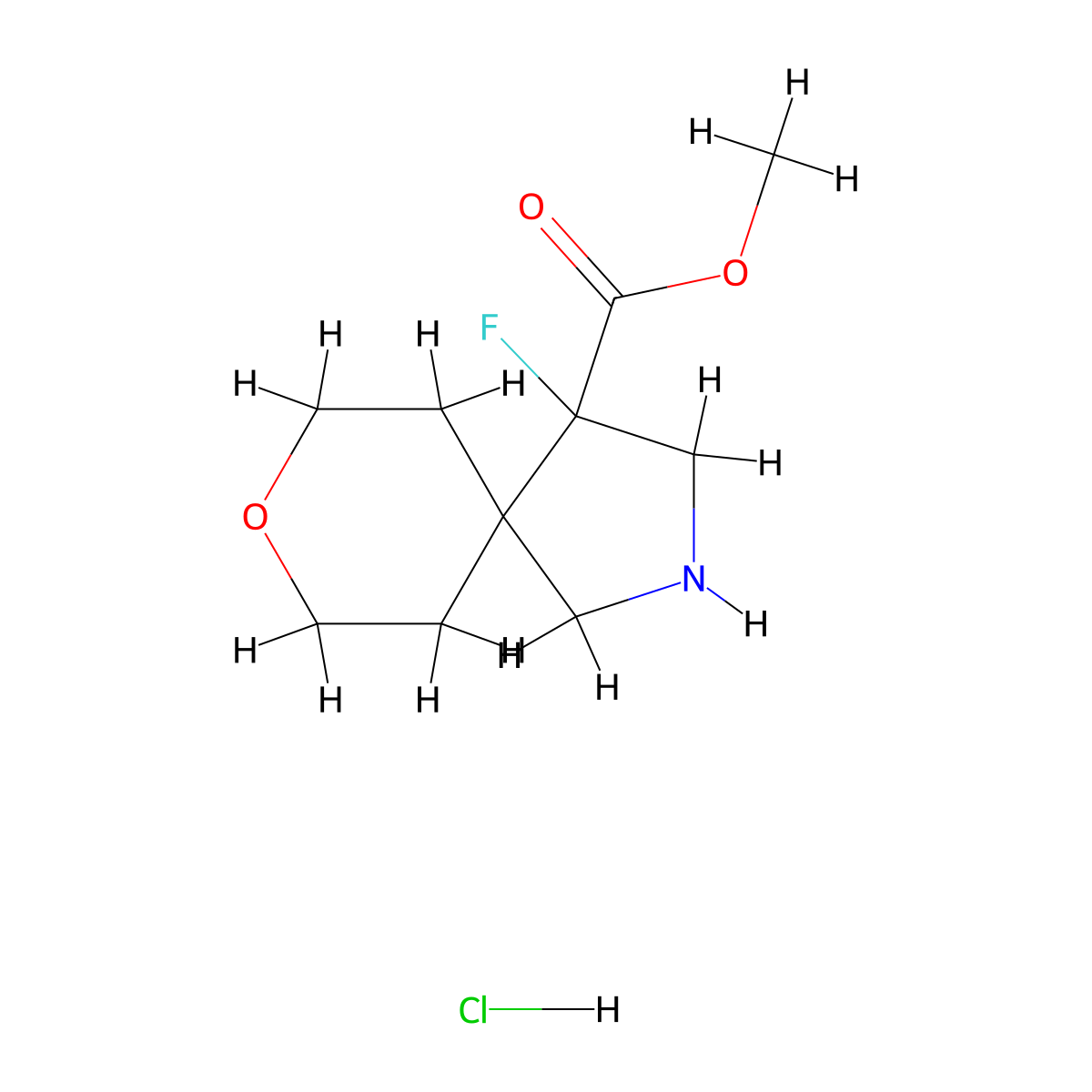 Methyl 4-fluoro-8-oxa-2-azaspiro(4.5)decane-4-carboxylate hydrochloride molecular structure, CAS 2728618-81-1