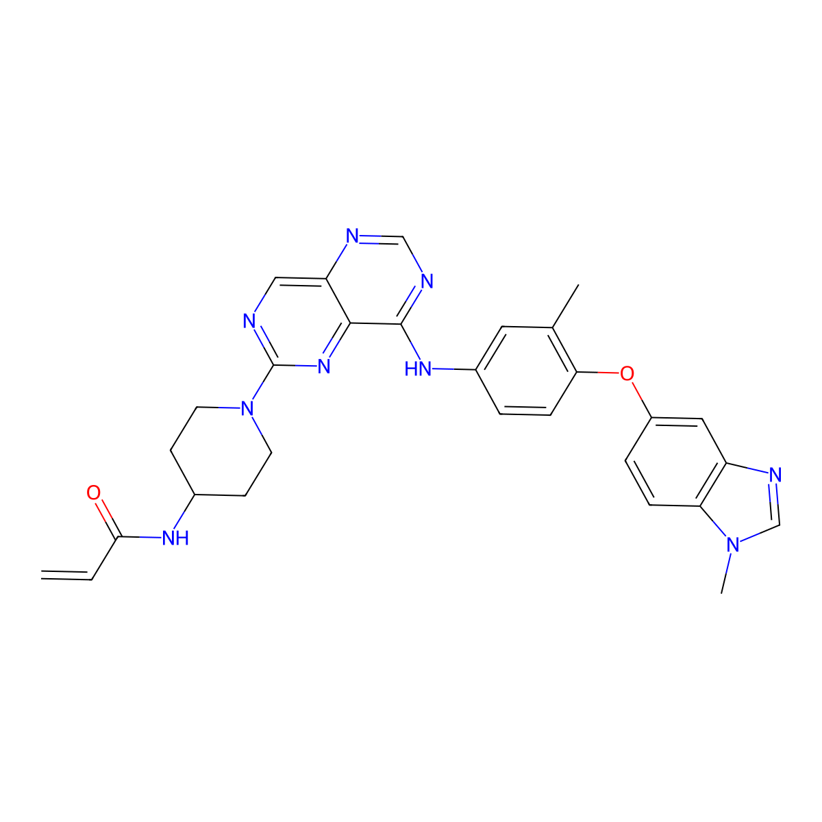 N-(1-(8-((3-methyl-4-((1-methyl-1H-benzo(d)imidazol-5-yl)oxy)phenyl)amino)pyrimido(5,4-d)pyrimidin-2-yl)piperidin-4-yl)acrylamide molecular structure, CAS 2728667-27-2