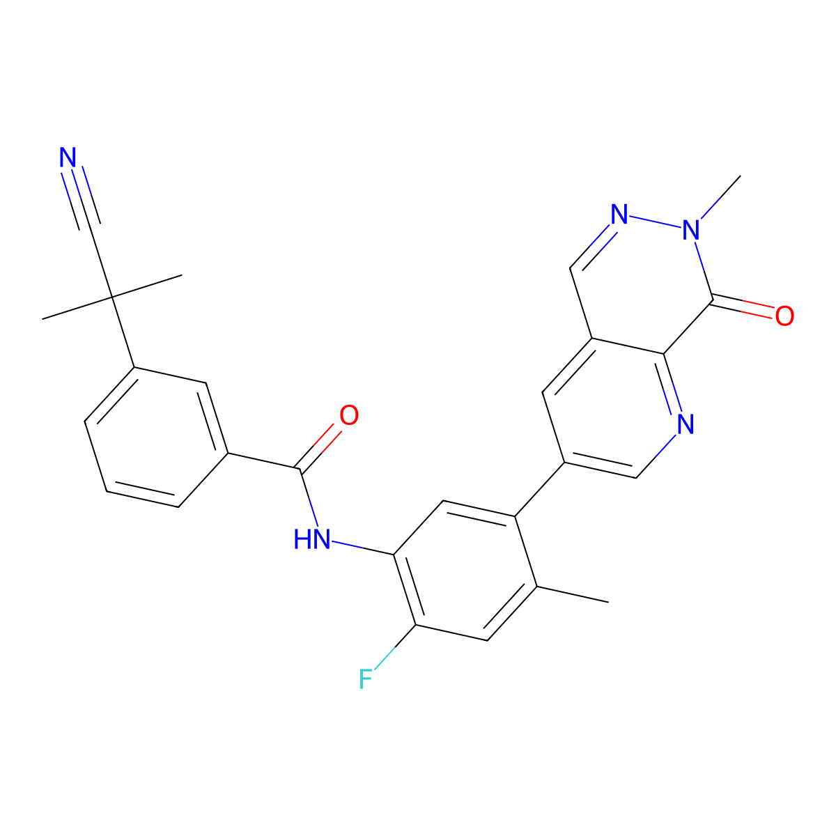 3-(2-Cyanopropan-2-yl)-N-(2-fluoro-4-methyl-5-(7-methyl-8-oxo-7,8-dihydropyrido[2,3-d]pyridazin-3-yl)phenyl)benzamide molecular structure, CAS 2729996-45-4