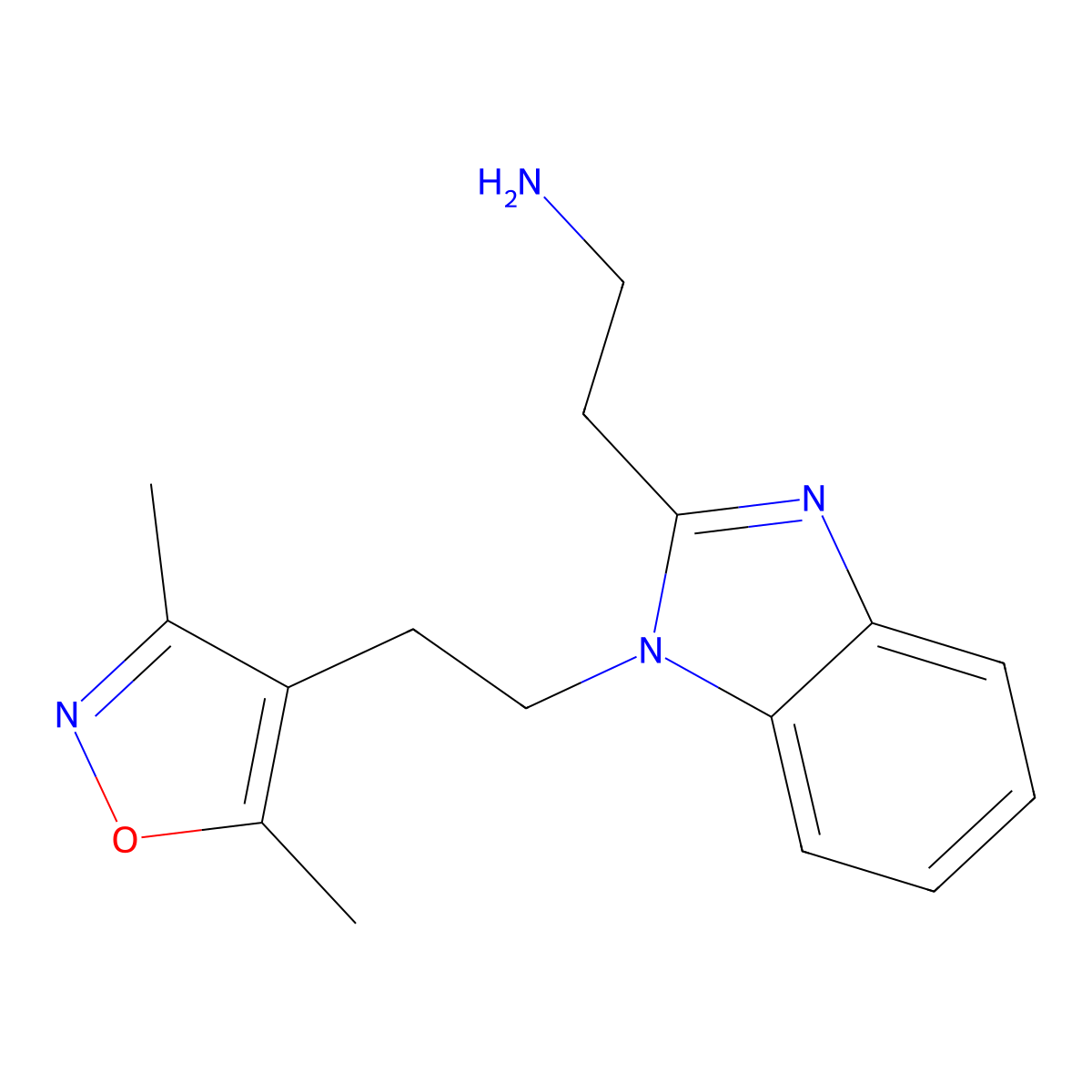 2-{1-[2-(3,5-dimethyl-1,2-oxazol-4-yl)ethyl]-1H-1,3-benzodiazol-2-yl}ethan-1-amine molecular structure, CAS 2731007-32-0