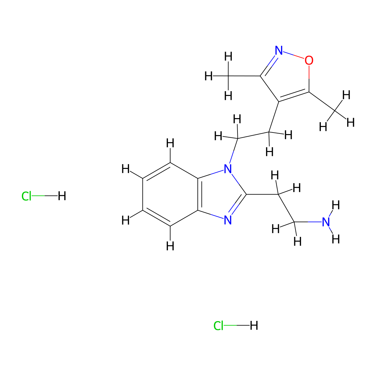 2-(1-(2-(3,5-dimethyl-1,2-oxazol-4-yl)ethyl)-1H-1,3-benzodiazol-2-yl)ethan-1-amine dihydrochloride molecular structure, CAS 2731007-33-1