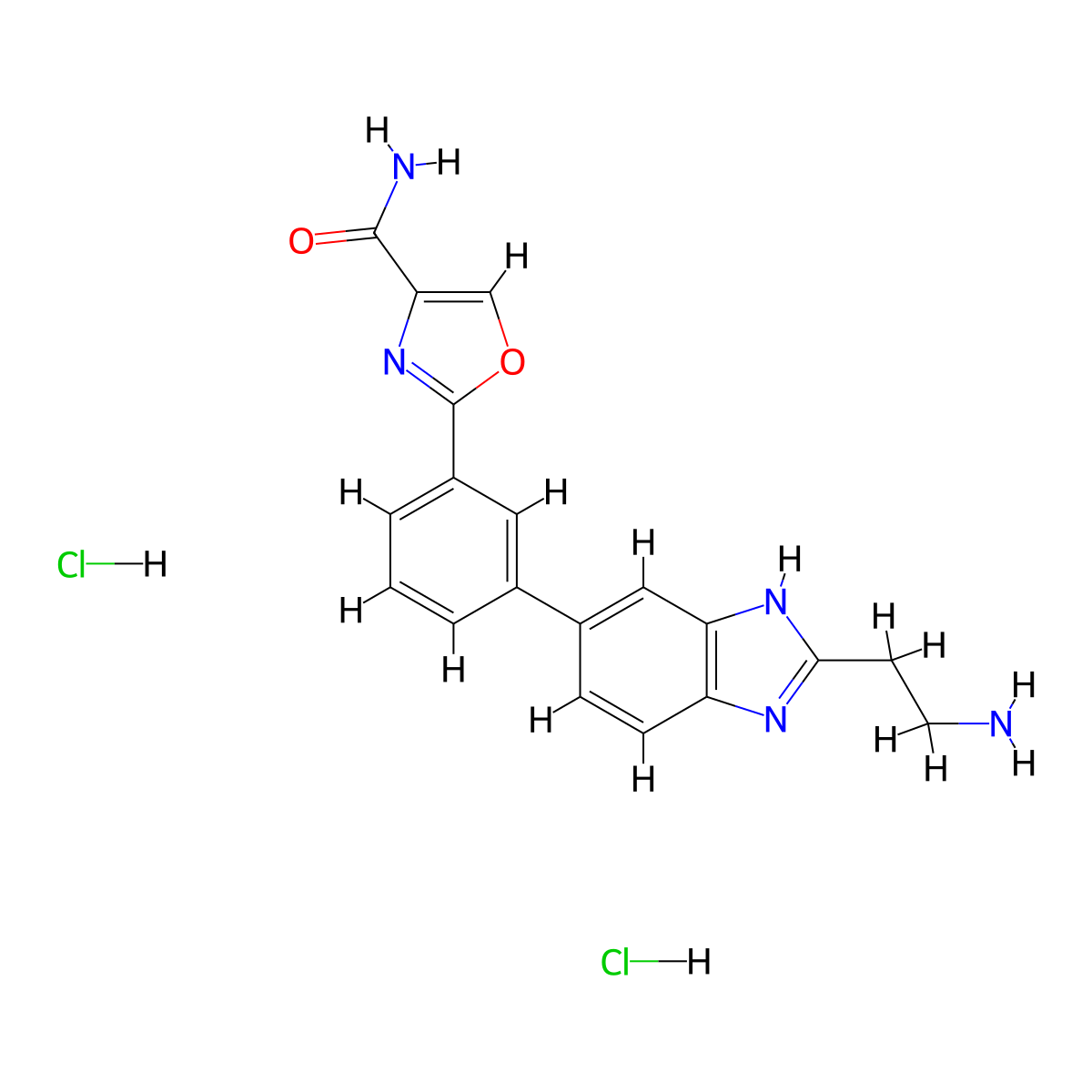 2-(3-(2-(2-aminoethyl)-1H-1,3-benzodiazol-5-yl)phenyl)-1,3-oxazole-4-carboxamide dihydrochloride molecular structure, CAS 2731007-61-5