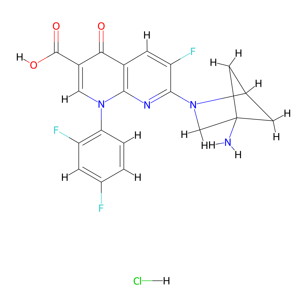 7-{4-Amino-2-azabicyclo[2.1.1]hexan-2-yl}-1-(2,4-difluorophenyl)-6-fluoro-4-oxo-1,4-dihydro-1,8-naphthyridine-3-carboxylicacidhydrochloride molecular structure, CAS 2731010-54-9