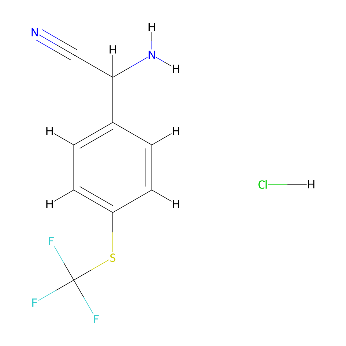 2-Amino-2-(4-((trifluoromethyl)sulfanyl)phenyl)acetonitrile hydrochloride molecular structure, CAS 2731011-15-5