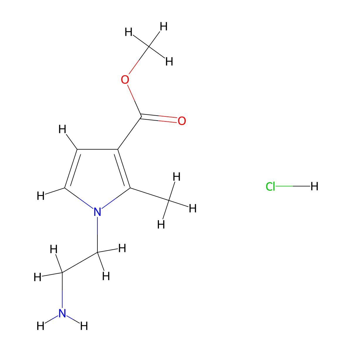 methyl 1-(2-aminoethyl)-2-methyl-1H-pyrrole-3-carboxylate hydrochloride molecular structure, CAS 2731014-44-9