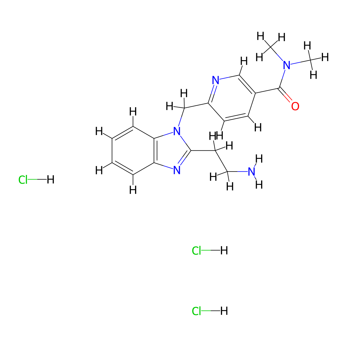 6-((2-(2-aminoethyl)-1H-1,3-benzodiazol-1-yl)methyl)-N,N-dimethylpyridine-3-carboxamide trihydrochloride molecular structure, CAS 2731014-49-4
