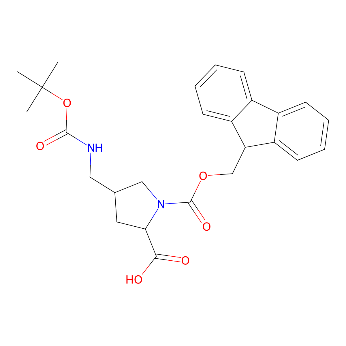 (2S,4S)-1-(((9H-Fluoren-9-yl)methoxy)carbonyl)-4-(((tert-butoxycarbonyl)amino)methyl)pyrrolidine-2-carboxylic acid molecular structure, CAS 273222-00-7