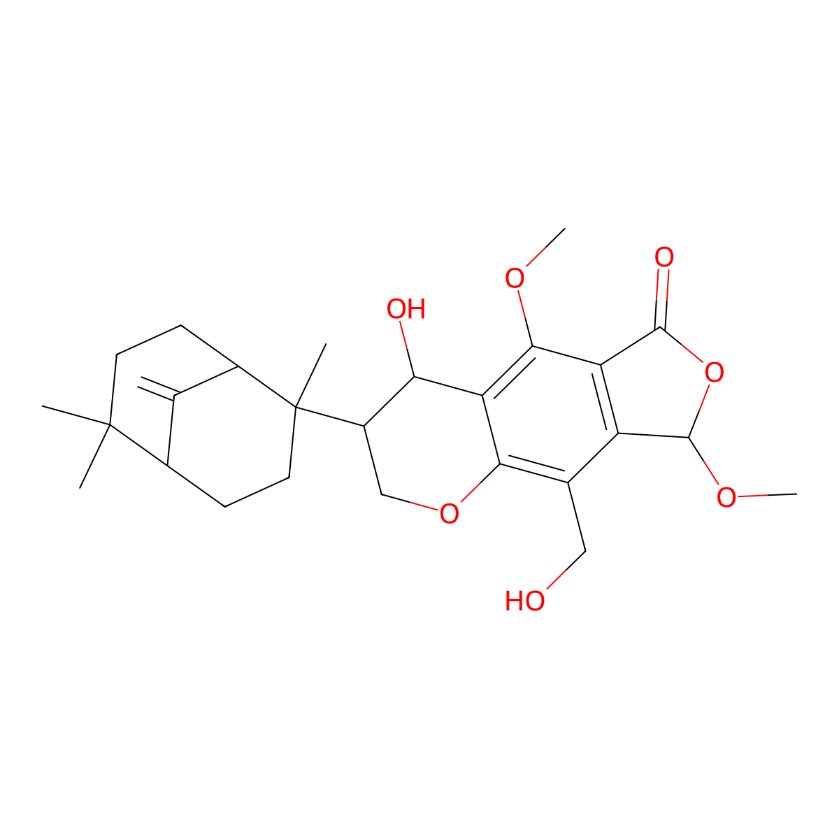 4-Hydroxy-9-(hydroxymethyl)-5,8-dimethoxy-3-(2,6,6-trimethyl-9-methylidene-2-bicyclo[3.3.1]nonanyl)-2,3,4,8-tetrahydrofuro[3,4-g]chromen-6-one molecular structure, CAS 2732807-59-7