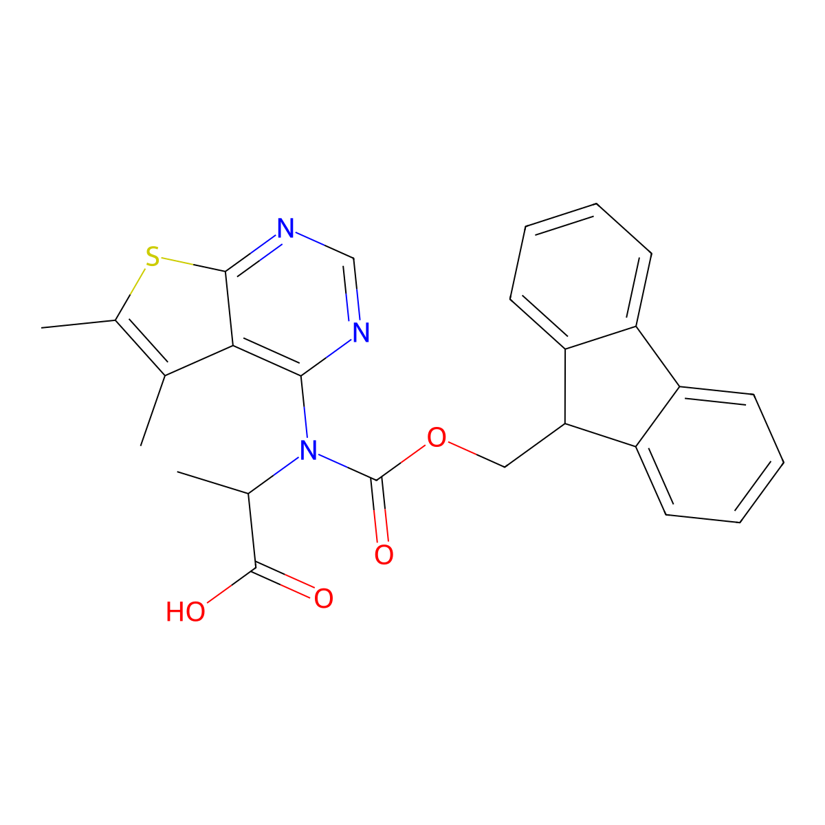 rel-(2R)-2-({5,6-dimethylthieno[2,3-d]pyrimidin-4-yl}({[(9H-fluoren-9-yl)methoxy]carbonyl})amino)propanoic acid molecular structure, CAS 2732856-21-0