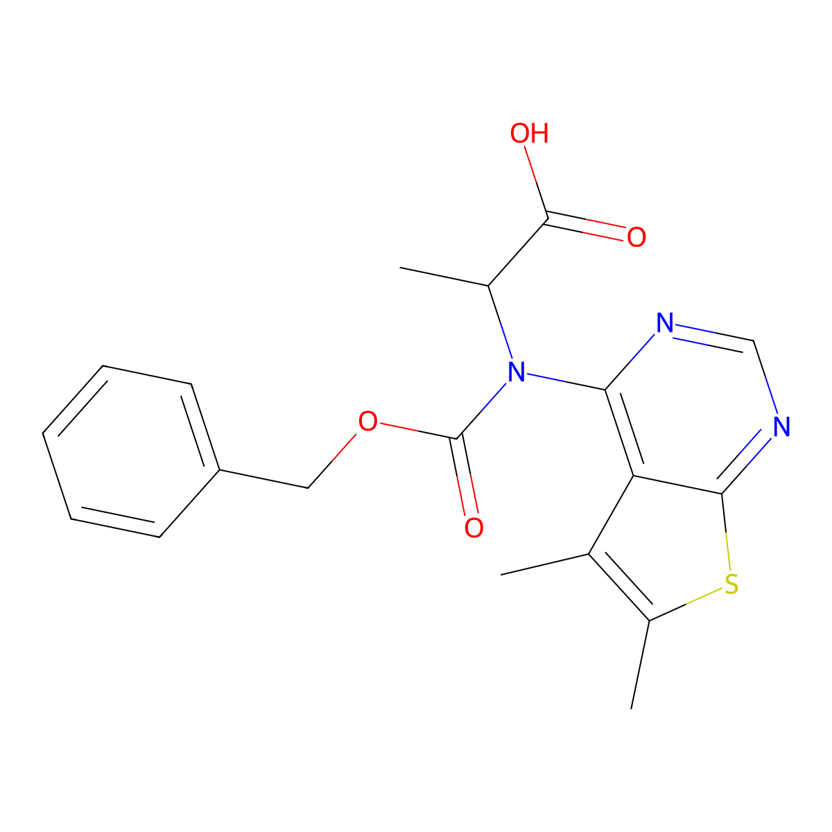 rel-(2R)-2-{[(benzyloxy)carbonyl]({5,6-dimethylthieno[2,3-d]pyrimidin-4-yl})amino}propanoic acid molecular structure, CAS 2732856-23-2