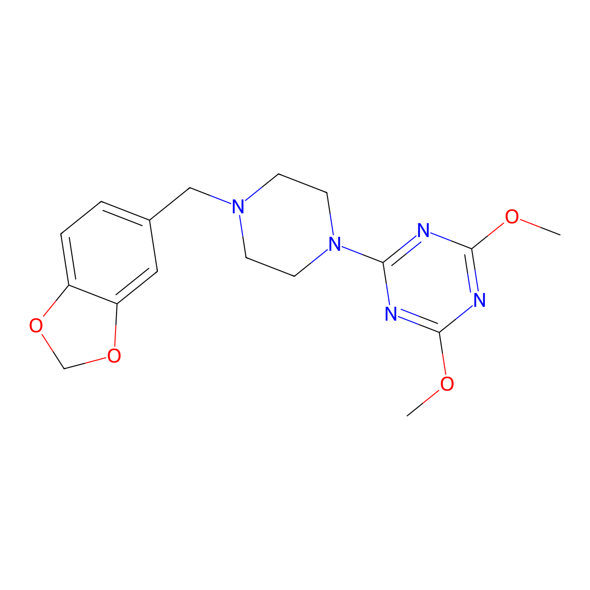 2-{4-[(2H-1,3-benzodioxol-5-yl)methyl]piperazin-1-yl}-4,6-dimethoxy-1,3,5-triazine molecular structure, CAS 27338-71-2
