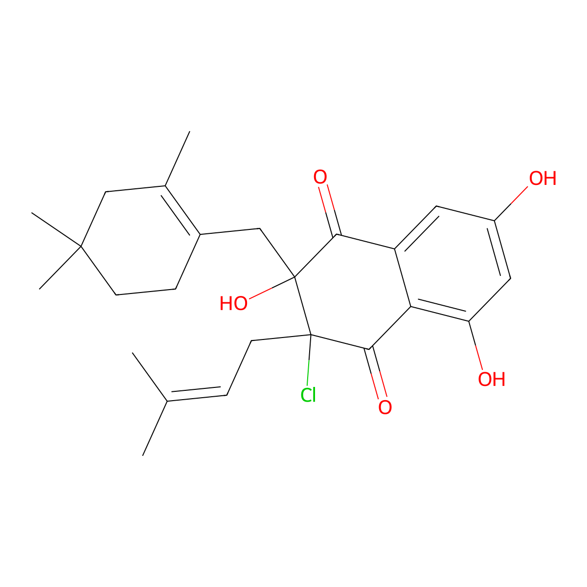 3-Chloro-2,5,7-trihydroxy-3-(3-methylbut-2-enyl)-2-[(2,4,4-trimethylcyclohexen-1-yl)methyl]naphthalene-1,4-dione molecular structure, CAS 2733900-77-9