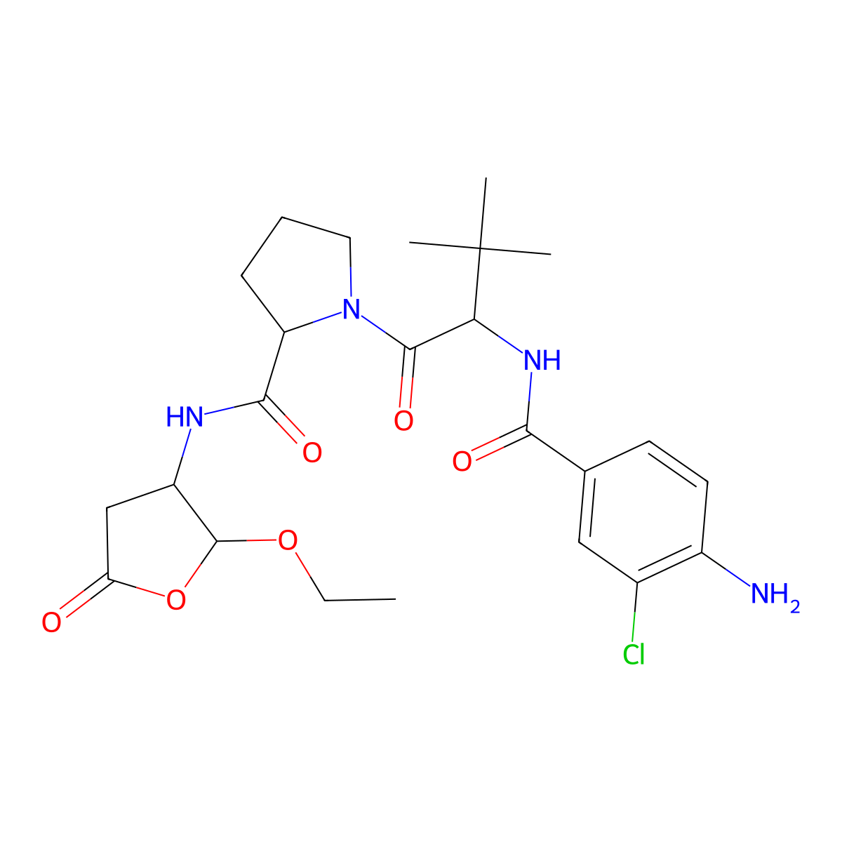 L-Prolinamide, N-(4-amino-3-chlorobenzoyl)-3-methylvalyl-N-(2-ethoxytetrahydro-5-oxo-3-furanyl)- molecular structure, CAS 273404-38-9