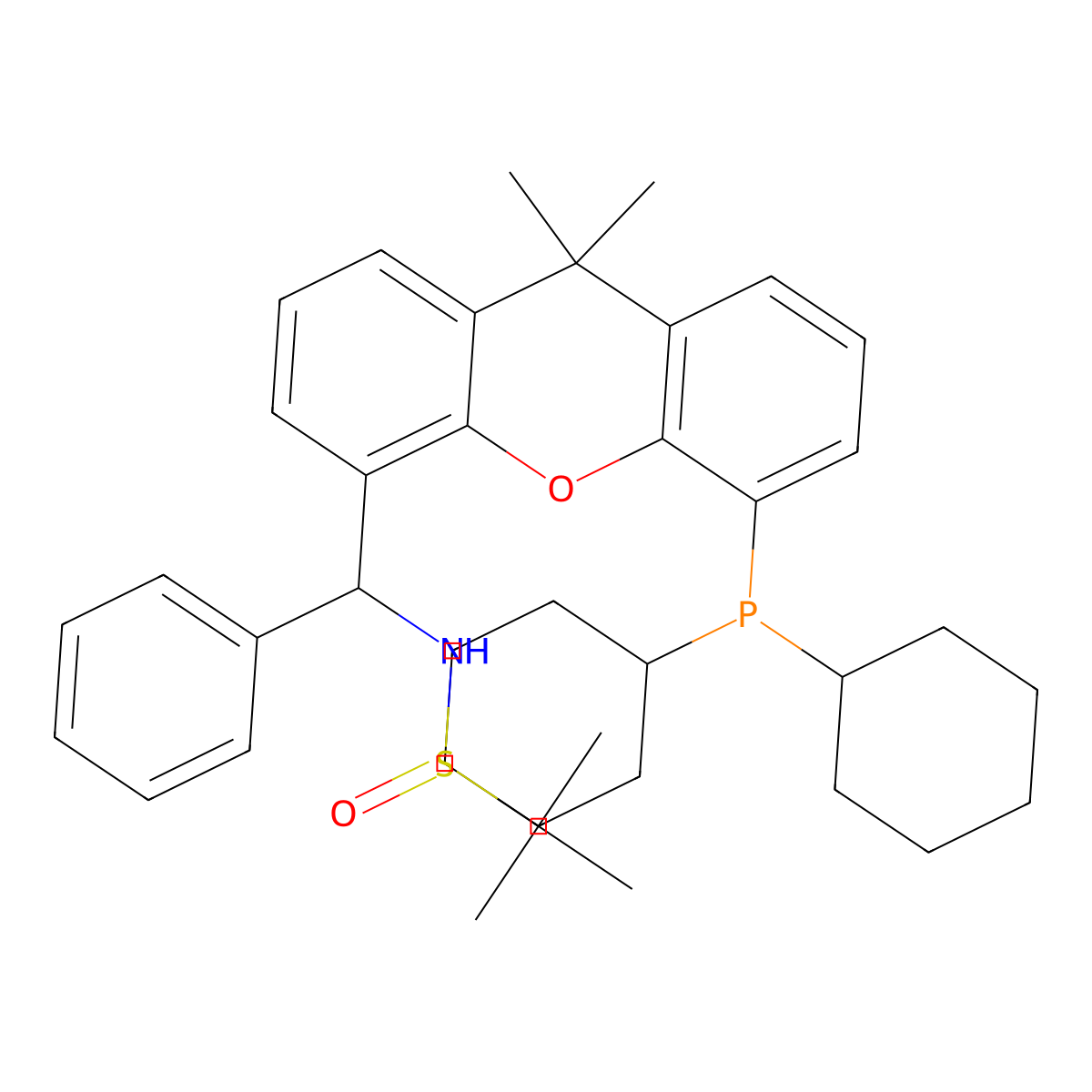 (R)-N-((S)-(5-(Dicyclohexylphosphanyl)-9,9-dimethyl-9H-xanthen-4-yl)(phenyl)methyl)-2-methylpropane-2-sulfinamide molecular structure, CAS 2734177-66-1