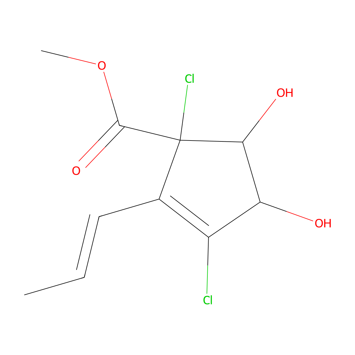 Methyl 1,3-dichloro-4,5-dihydroxy-2-(1-propen-1-yl)-2-cyclopentene-1-carboxylate molecular structure, CAS 2734568-87-5