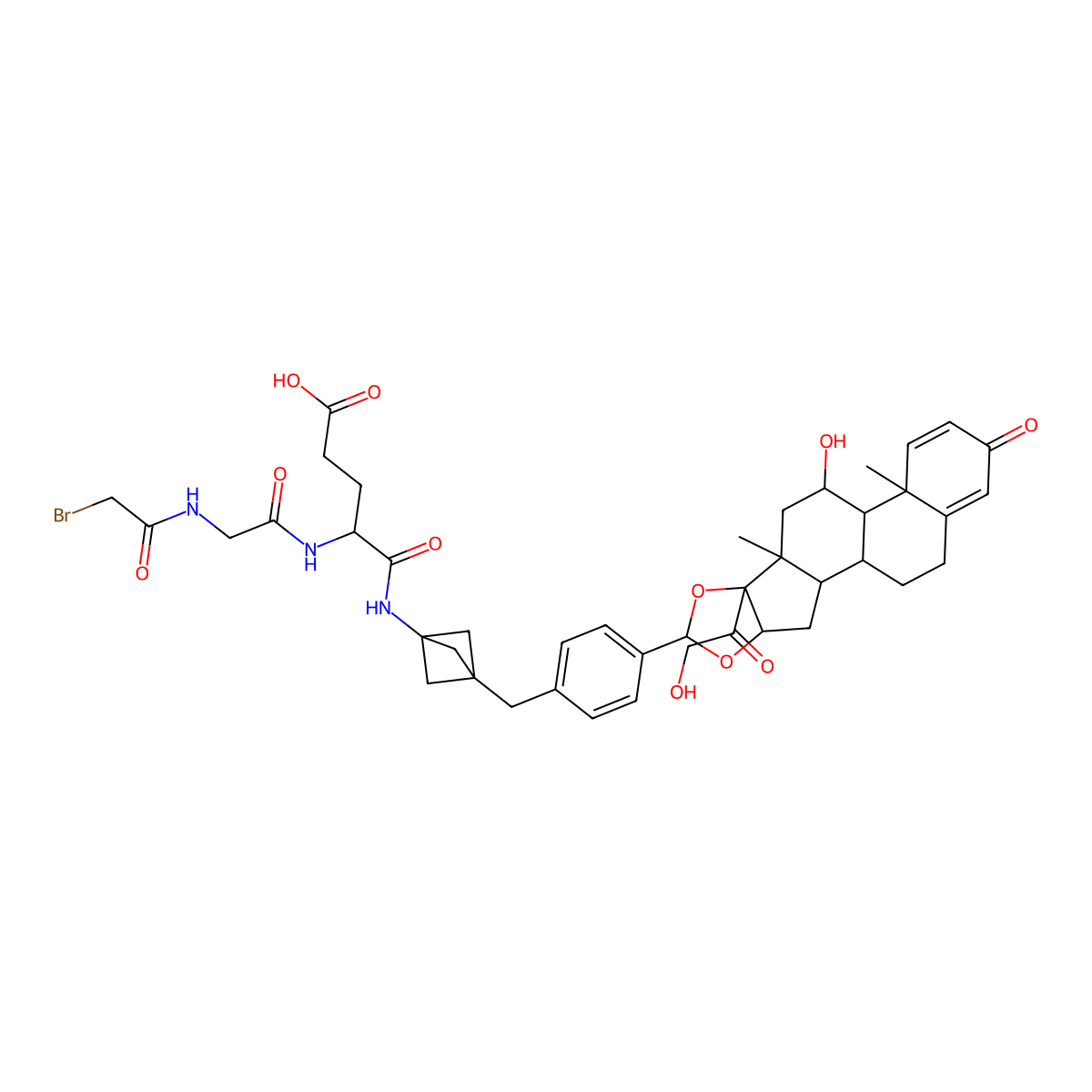 (4S)-4-[[2-[(2-bromoacetyl)amino]acetyl]amino]-5-[[3-[[4-[(1S,2S,4R,6R,8S,9S,11S,12S,13R)-11-hydroxy-8-(2-hydroxyacetyl)-9,13-dimethyl-16-oxo-5,7-dioxapentacyclo[10.8.0.02,9.04,8.013,18]icosa-14,17-dien-6-yl]phenyl]methyl]-1-bicyclo[1.1.1]pentanyl]amino]-5-oxopentanoic acid molecular structure, CAS 2734878-02-3