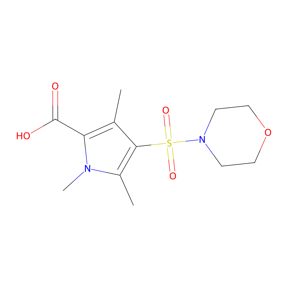 1,3,5-trimethyl-4-(morpholin-4-ylsulfonyl)-1H-pyrrole-2-carboxylic acid molecular structure, CAS 2735913-56-9