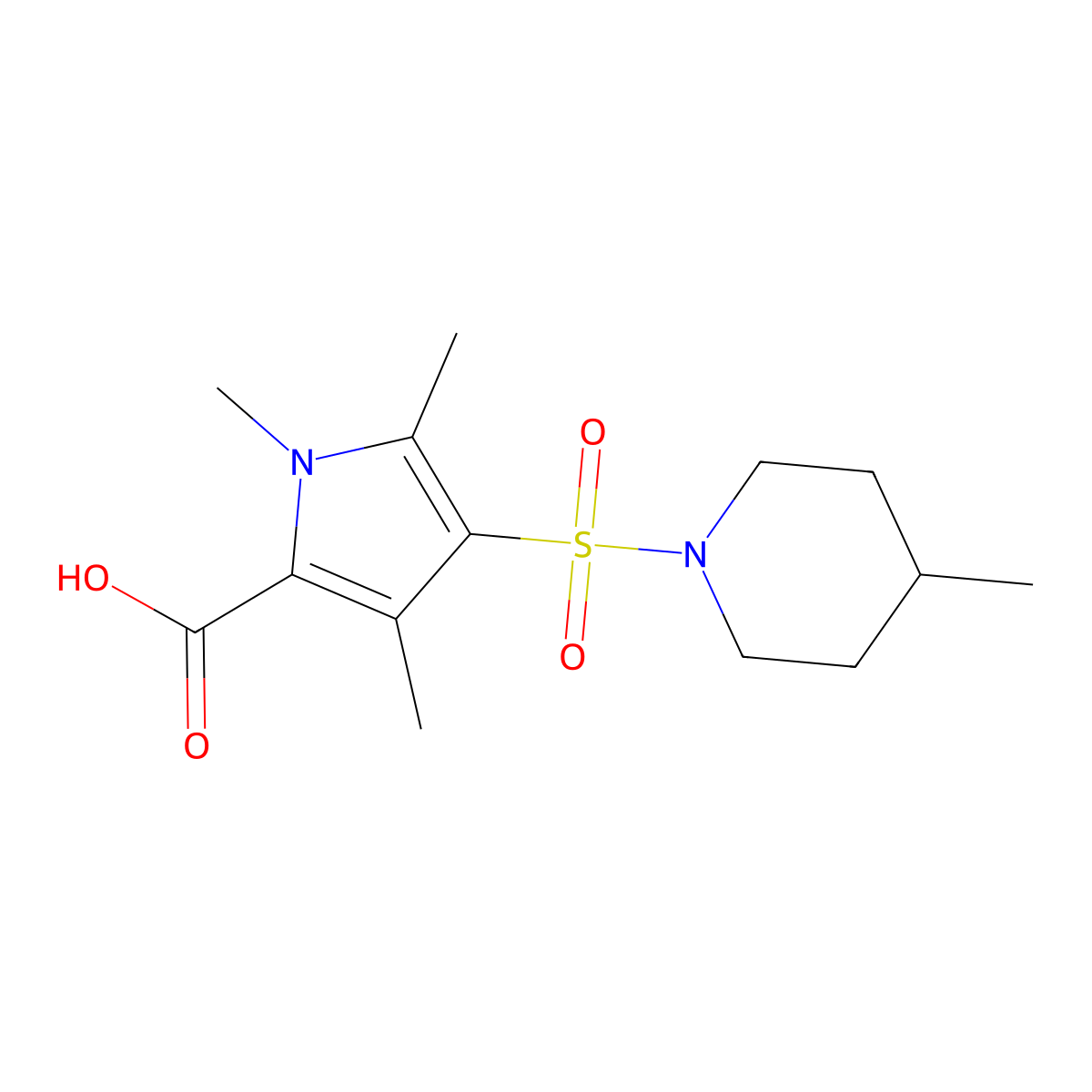1,3,5-trimethyl-4-[(4-methylpiperidin-1-yl)sulfonyl]-1H-pyrrole-2-carboxylic acid molecular structure, CAS 2736451-11-7