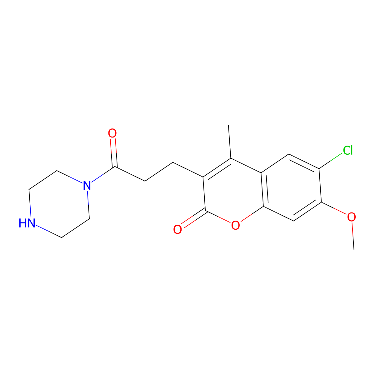 6-chloro-7-methoxy-4-methyl-3-(3-oxo-3-(piperazin-1-yl)propyl)-2H-chromen-2-one molecular structure, CAS 2736961-14-9