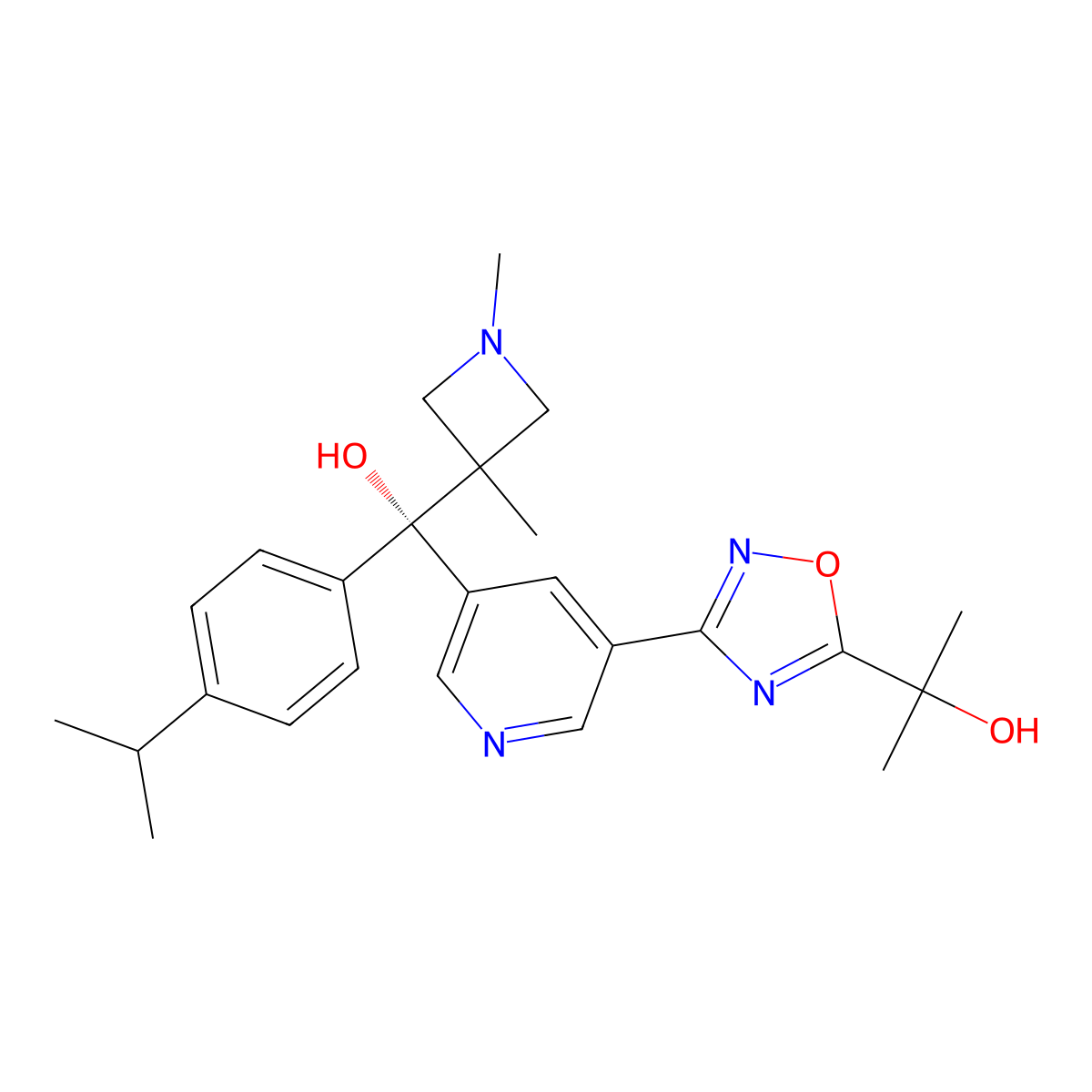 (R)-2-(3-(5-((1,3-dimethylazetidin-3-yl)(hydroxy)(4-isopropylphenyl)methyl)pyridin-3-yl)-1,2,4-oxadiazol-5-yl)propan-2-ol molecular structure, CAS 2737274-49-4