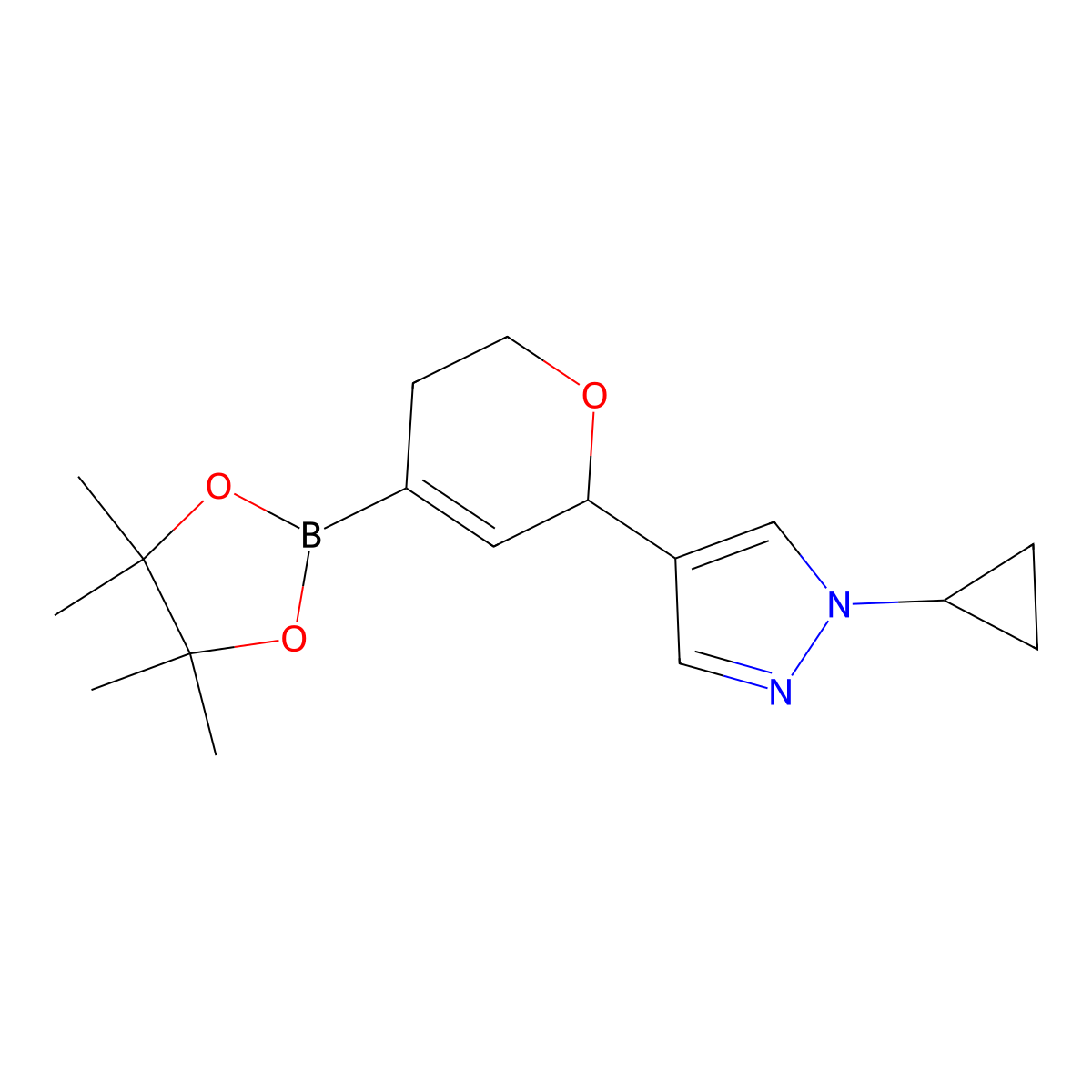 1-Cyclopropyl-4-(4-(4,4,5,5-tetramethyl-1,3,2-dioxaborolan-2-YL)-5,6-dihydro-2H-pyran-2-YL)-1H-pyrazole molecular structure, CAS 2738495-81-1