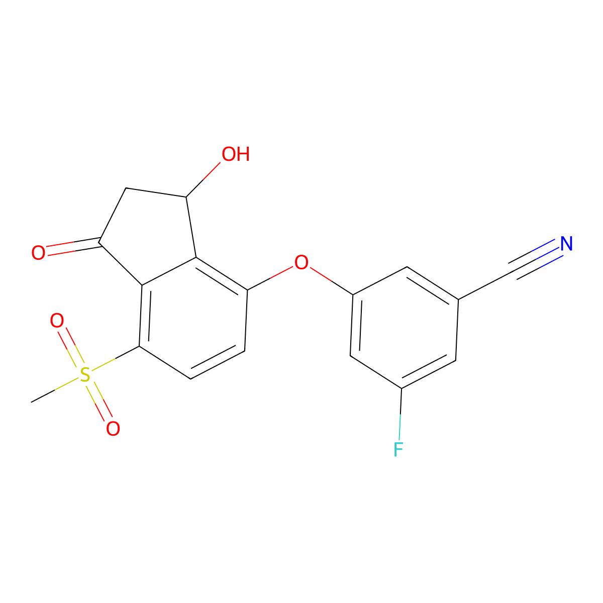(R)-3-Fluoro-5-((3-hydroxy-7-(methylsulfonyl)-1-oxo-2,3-dihydro-1H-inden-4-YL)oxy)benzonitrile molecular structure, CAS 2738675-96-0