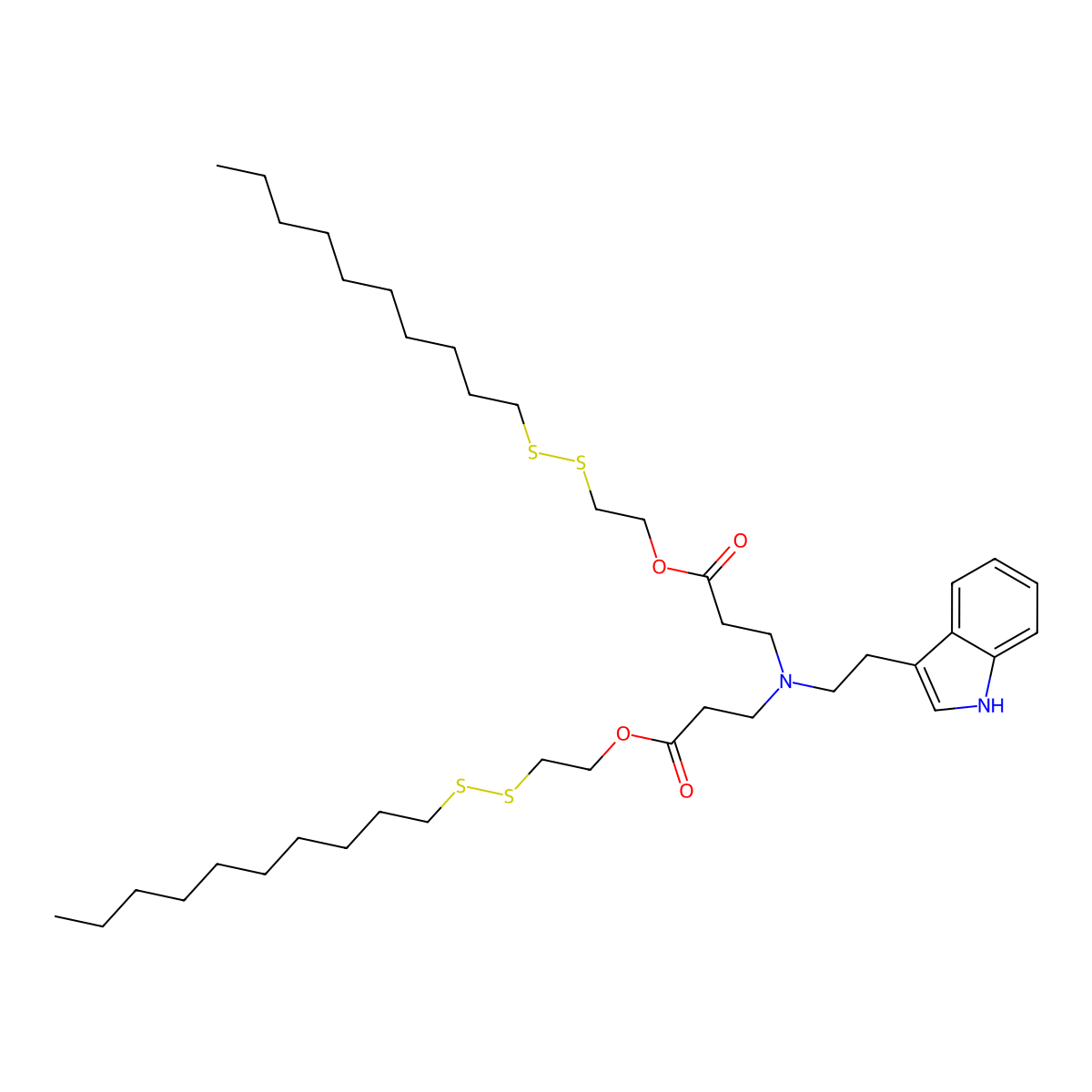 2-(decyldisulfanyl)ethyl 3-[[3-[2-(decyldisulfanyl)ethoxy]-3-oxopropyl]-[2-(1H-indol-3-yl)ethyl]amino]propanoate molecular structure, CAS 2739805-64-0
