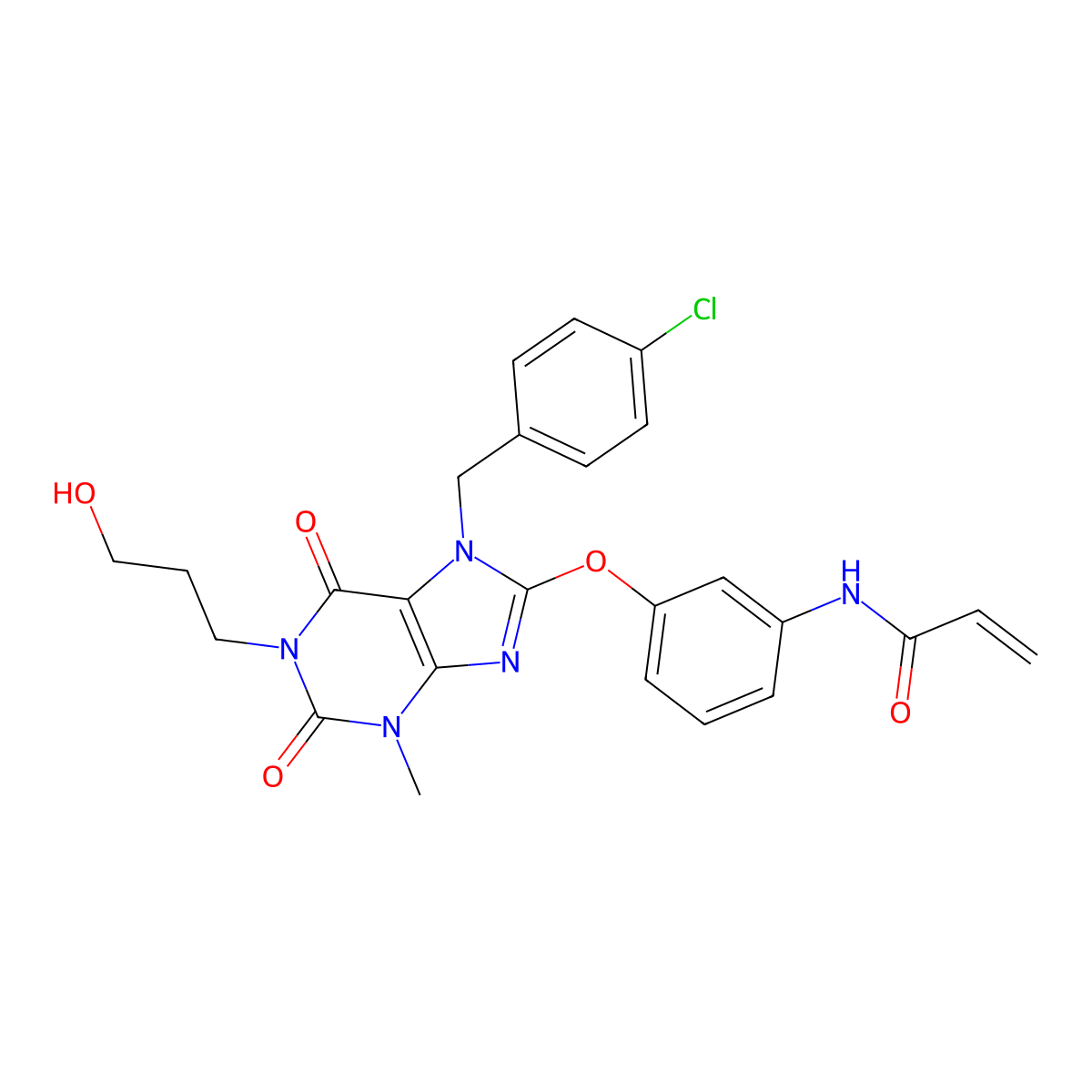 N-(3-((7-(4-Chlorobenzyl)-1-(3-hydroxypropyl)-3-methyl-2,6-dioxo-2,3,6,7-tetrahydro-1H-purin-8-yl)oxy)phenyl)acrylamide molecular structure, CAS 2740257-85-4