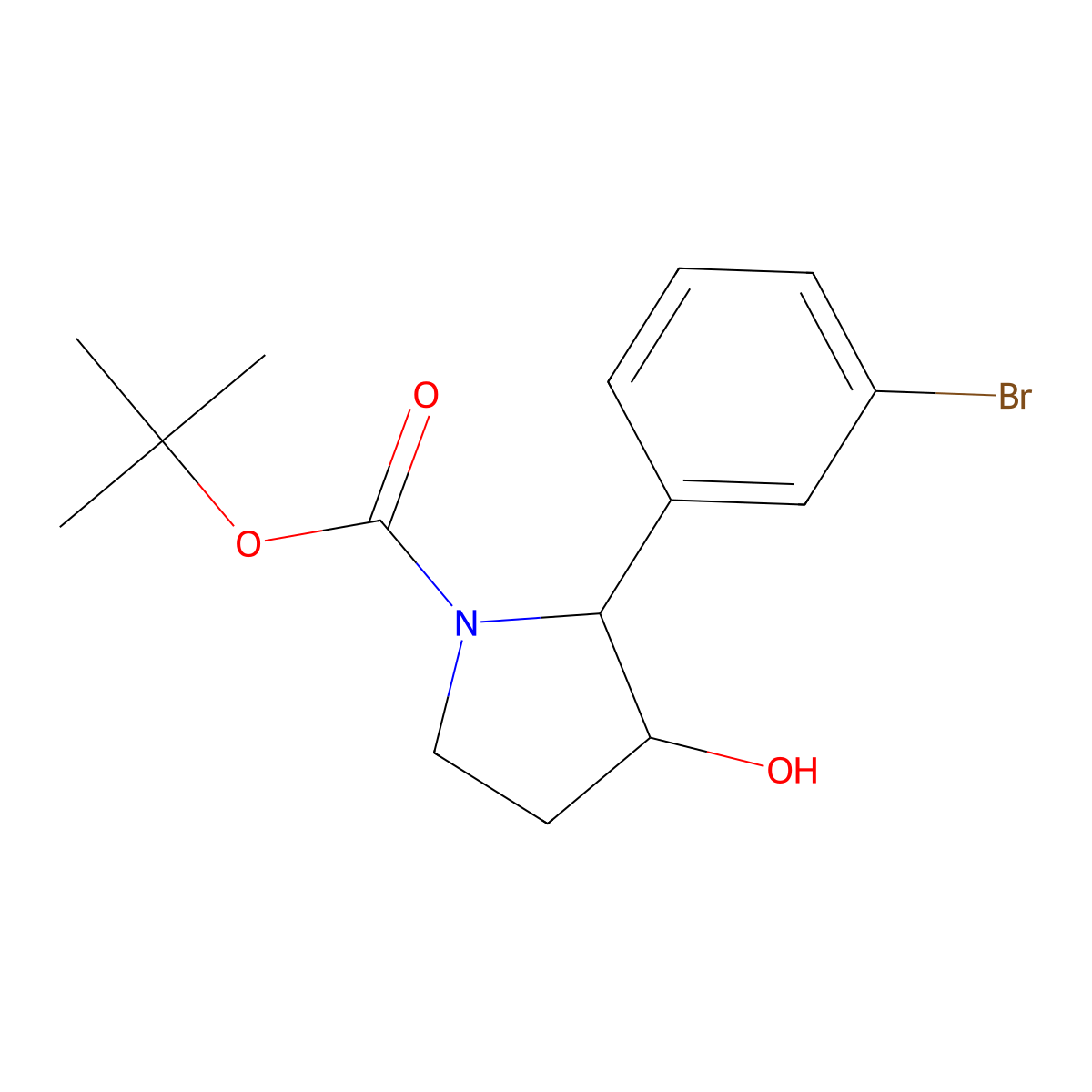 Tert-butyl (2R,3R)-2-(3-bromophenyl)-3-hydroxypyrrolidine-1-carboxylate molecular structure, CAS 2740386-00-7