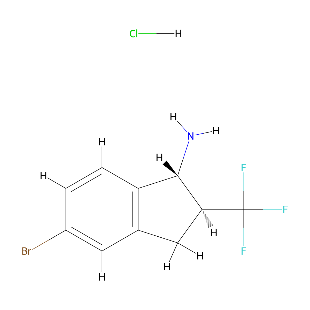 rac-(1R,2S)-5-bromo-2-(trifluoromethyl)-2,3-dihydro-1H-inden-1-amine hydrochloride, trans molecular structure, CAS 2740591-71-1