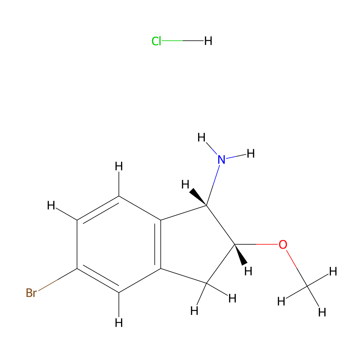 rac-(1R,2S)-5-bromo-2-methoxy-2,3-dihydro-1H-inden-1-amine hydrochloride, cis molecular structure, CAS 2740592-35-0