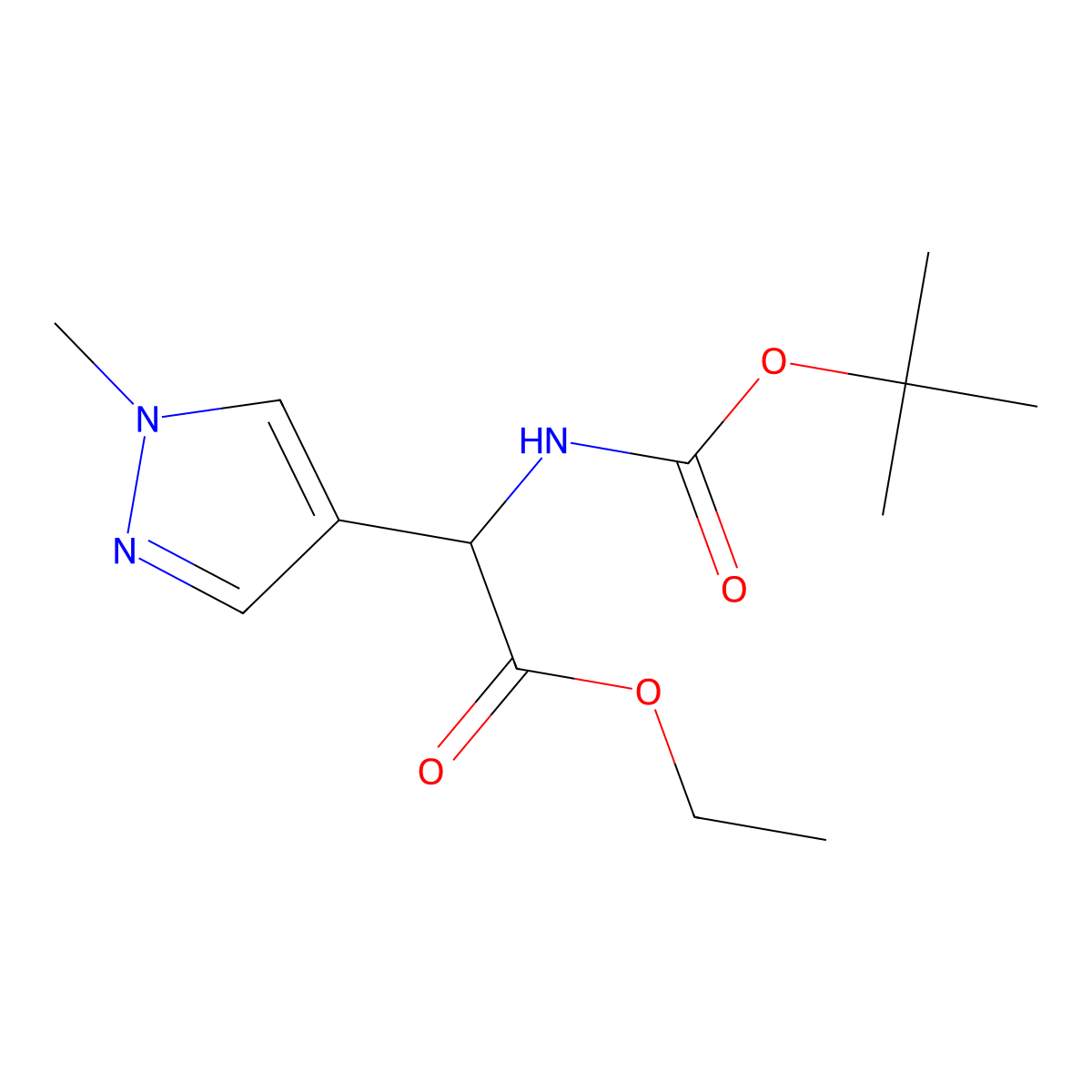 ethyl (2R)-2-(tert-butoxycarbonylamino)-2-(1-methylpyrazol-4-yl)acetate molecular structure, CAS 2740593-31-9