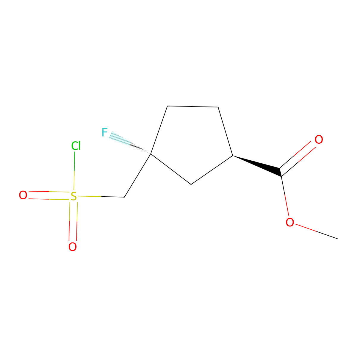 rac-methyl (1R,3R)-3-((chlorosulfonyl)methyl)-3-fluorocyclopentane-1-carboxylate molecular structure, CAS 2740779-29-5