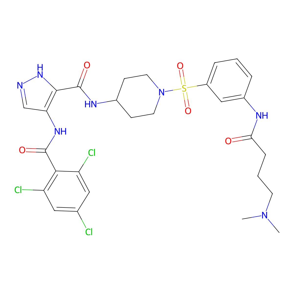 N-[1-[3-[4-(dimethylamino)butanoylamino]phenyl]sulfonylpiperidin-4-yl]-4-[(2,4,6-trichlorobenzoyl)amino]-1H-pyrazole-5-carboxamide molecular structure, CAS 2741262-15-5