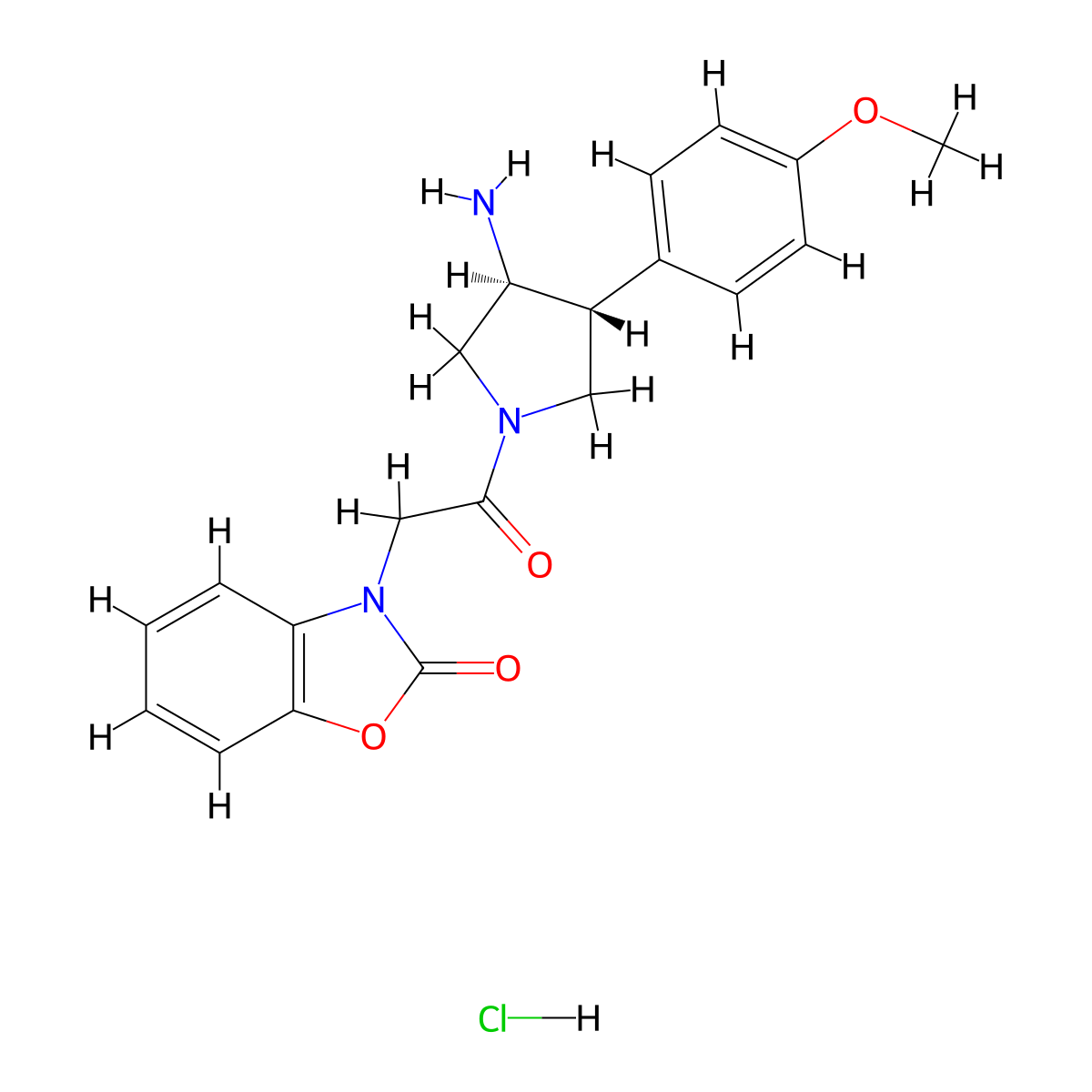rac-3-{2-[(3R,4S)-3-amino-4-(4-methoxyphenyl)pyrrolidin-1-yl]-2-oxoethyl}-2,3-dihydro-1,3-benzoxazol-2-one hydrochloride, trans molecular structure, CAS 2741481-01-4