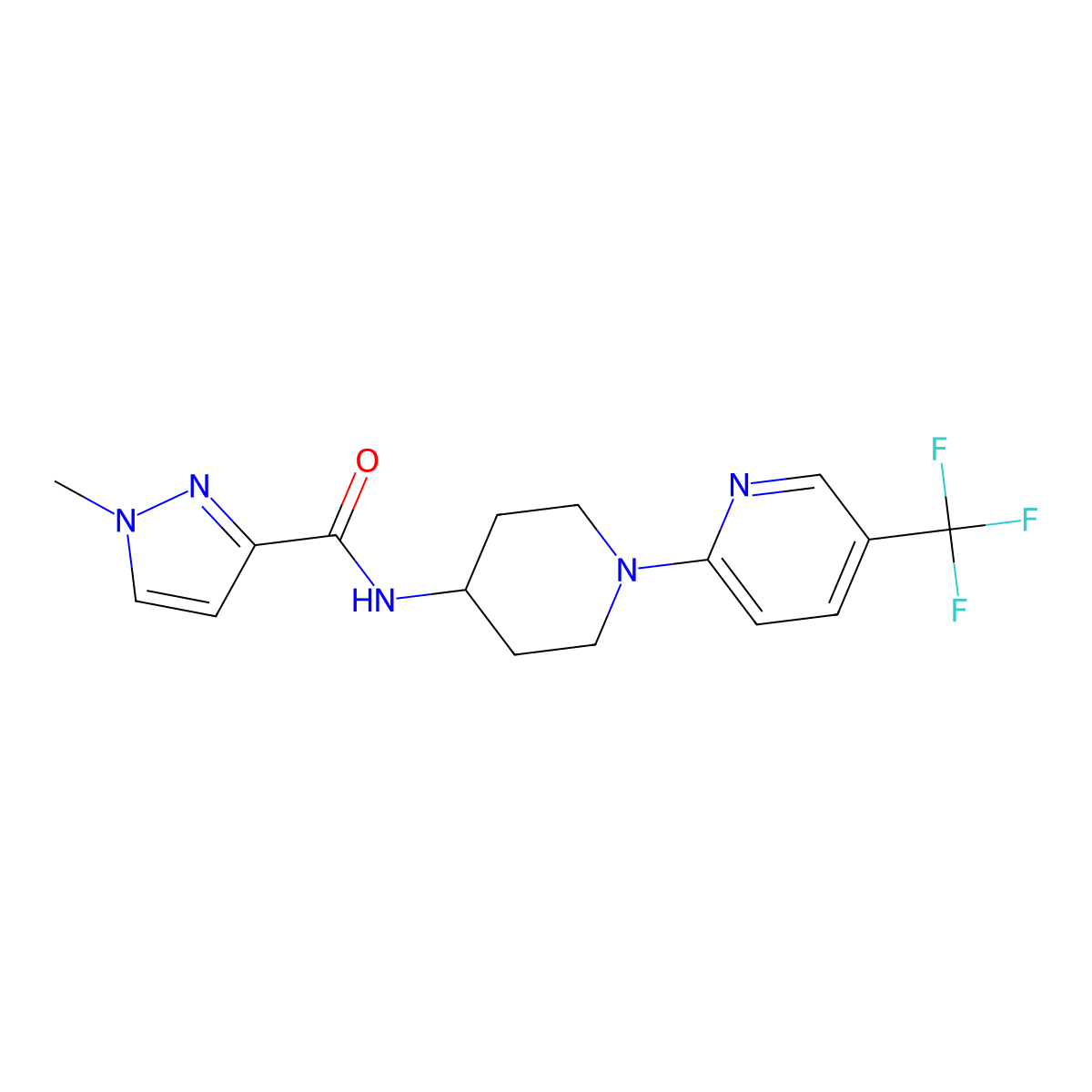 1-methyl-N-{1-[5-(trifluoromethyl)pyridin-2-yl]piperidin-4-yl}-1H-pyrazole-3-carboxamide molecular structure, CAS 2741709-20-4
